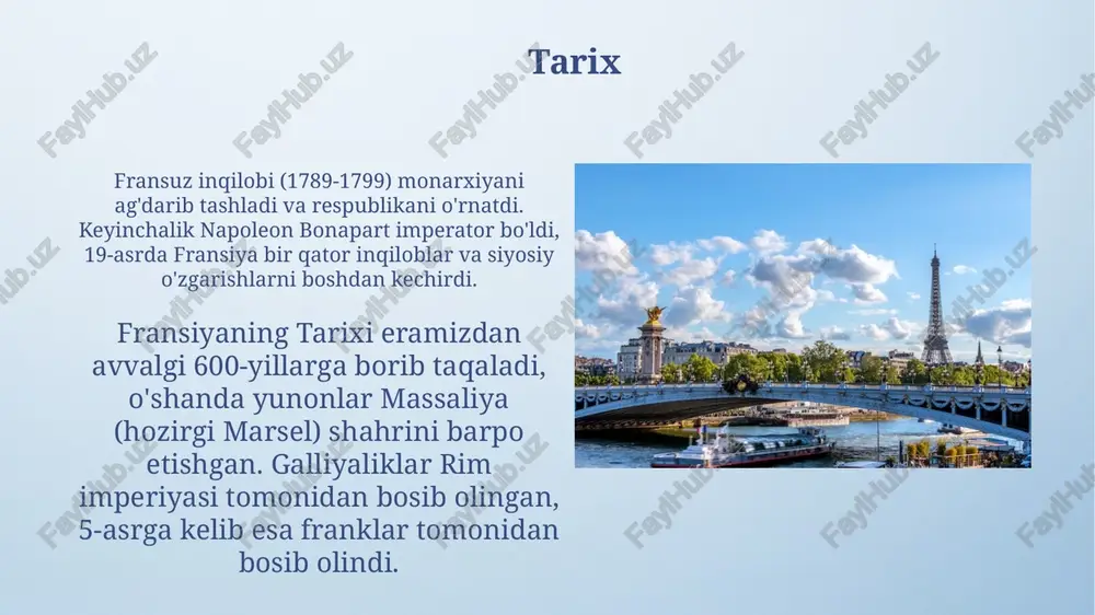 kat bo'ylab uzoq masofalarga sayohat qilish uchun qulaydir. parij metrosi 1900-yilda ochilgan va 16 ta liniyadan iborat bo'lib, har kuni 5 milliondan ortiq yo'lovchiga xizmat ko'rsatadi, bu uni dunyodagi eng band metro tizimlaridan biriga aylantiradi. geografiya fransiya alp tog'larida joylashgan monblan cho'qqisiga ega, uning balandligi 4808 metrni tashkil etadi, bu yevropa ittifoqidagi eng baland nuqta hisoblanadi. fransiya yevropa qit'asining g'arbiy qismida joylashgan bo'lib, uning hududi 551,695 kvadrat kilometrni tashkil etadi, bu uni yevropa ittifoqidagi eng katta davlatlardan biriga aylantiradi. e'tiboringiz uchun rahmat @taqdimot_robot image4.png image6.jpg image7.jpg image8.jpg image9.jpg image10.jpg image11.jpg image12.jpg image13.jpg image14.jpg image15.jpg image16.jpg image17.jpg image18.jpg image19.jpg image20.jpg image21.jpg image22.jpg image3.jpeg