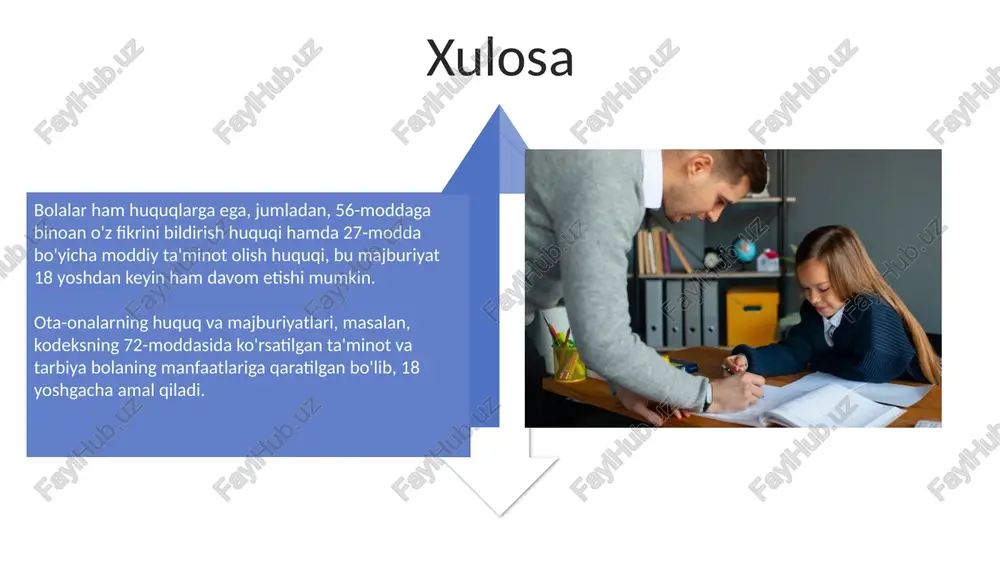 ota-onalarni moddiy taʼminlash majburiyatiga egadirlar. oila kodeksi va boshqa normativ hujjatlar oila kodeksi bolalarning huquqlarini, xususan, oilada yashash huquqi, ota-onalari bilan muloqot qilish huquqi va ularning qonuniy manfaatlarini himoya qilishni kafolatlaydi. oila kodeksi nikohni roʻyxatga olish tartibini belgilaydi, shu jumladan 18 yoshdan kichiklarga (alohida hollarda 17 yoshga) nikohlanishga ruxsat berish shartlarini aniqlaydi. ota-onalarning majburiyatlari ota-onalar voyaga yetmagan bolalarini tarbiyalash majburiyatiga ega. oila kodeksining 73-moddasiga koʻra, taʼlim berish va bolalarni qonunga xilof harakatlardan himoya qilish vazifasi yuklatilgan. ota-onalar bolalarining moddiy taʼminoti uchun masʼuldirlar. aliment toʻlash majburiyati oila kodeksining 96-moddasida koʻrsatilgan boʻlib, moliyaviy yordam koʻrsatishni nazarda tutadi. e'tiboringiz uchun rahmat @taqdimot_robot image5.jpg image6.jpg image7.jpg image8.jpg image9.jpg image10.jpg image11.jpg image12.jpg image13.jpg image14.jpg image15.jpg image16.jpg image17.jpg image18.jpg image4.png image19.jpg image20.jpg image21.jpg image1.jpeg image2.jpeg