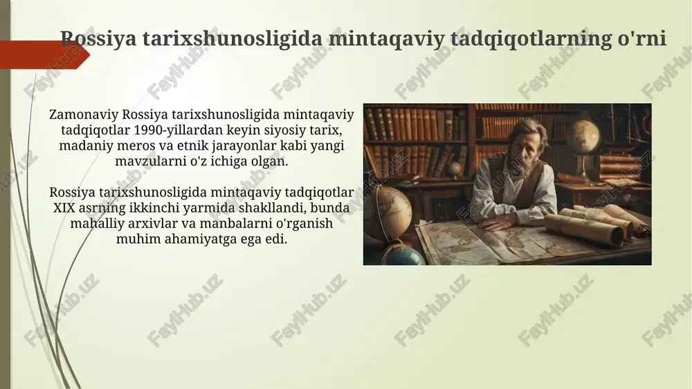 niyati va savdo aloqalari to'g'risida muhim ma'lumotlar beradi. tarixiy manbalarni tahlil qilishda qiyosiy-tarixiy metod keng qo'llanilgan, bu metod turli davrlardagi voqealarni solishtirish va o'zaro bog'liqlikni aniqlash imkonini beradi. kirish 1960-yillarda kirishi shahrida yirik neftni qayta ishlash zavodi qurilishi sovet ittifoqi iqtisodiy rejalashtirishida muhim loyiha bo'lib, mintaqa demografiyasiga ta'sir ko'rsatdi. kirishi yaqinidagi volxov daryosi bo'yida ix-xi asrlarga oid slavyan tepaliklari topilgan, bu hududning qadimgi sharqiy evropa tarixidagi ahamiyatini ko'rsatadi. arxeologik tadqiqotlar 19-asrda turkiston o'lkasida rus arxeologlari tomonidan ilk arxeologik qazishmalar olib borildi, bu mintaqa tarixini o'rganishning boshlanishi edi. akademik v.v.bartold va v.a.jukovskiy kabi olimlar o'rta osiyo madaniyati va tarixiga oid muhim ma'lumotlarni yig'ishda muhim rol o'ynadilar. e'tiboringiz uchun rahmat @taqdimot_robot image2.jpg image3.jpg image4.jpg image5.jpg image6.jpg image7.jpg image8.jpg image9.jpg image10.jpg image11.jpg image12.jpg image13.jpg image14.jpg image15.jpg image16.jpg image17.jpg image18.jpg