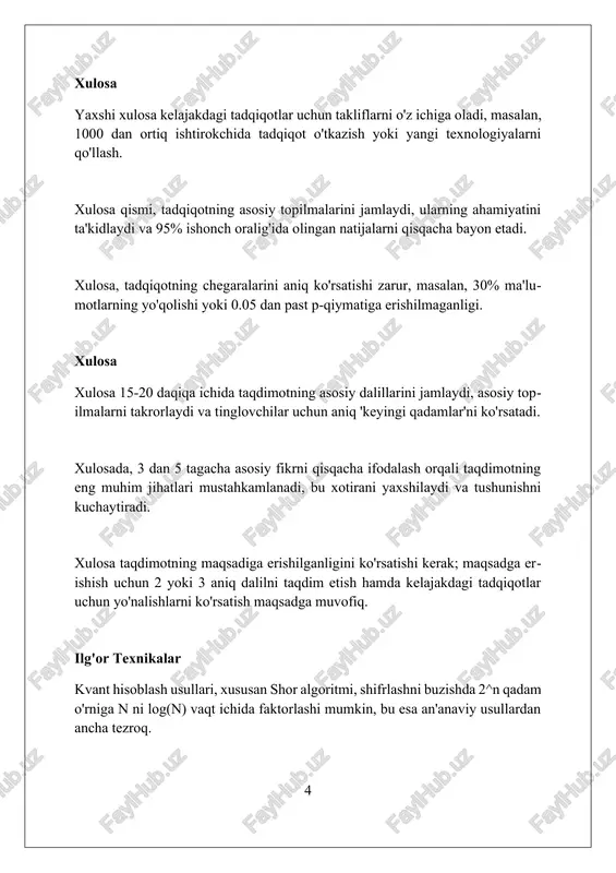 o'tishi kerak. texnikani qo'llash natijalarini baholash uchun 4 xil ko'rsatkichdan foydalanish mumkin: unumdorlikning 20% oshishi, xarajatlarning 15% kamayishi va xatolikning 5% gacha qisqarishi. texnikalarni samarali qo'llash uchun 3 ta asosiy omilni hisobga olish zarur: maqsad aniqligi, resurs yetarliligi va mutaxassislarning 7 yillik tajribasi. texnikalar turlari qurilish texnikalari 10 dan ortiq asosiy turga bo'linadi, jumladan, ekskavatorlar, buldozerlar, kranlar va yuklagichlar, ularning har biri o'ziga xos vazifalarni bajaradi. ishlab chiqarish texnologiyalarida cnc dastgohlari, robototexnika va 3d bosib chiqarish kabi ilg'or usullar qo'llaniladi, bu esa aniqlik va samaradorlikni oshirishga yordam beradi. tibbiy texnologiyalar rentgen apparatlari, mri skanerlari va jarrohlik robotlari kabi diagnostika va davolash uskunalarini o'z ichiga oladi, bu esa sog'liqni saqlash sohasida inqilob qildi. xulosa xulosada 5w1h (kim, nima, qachon, qayerda, nega, qanday) elementlariga e'tibor qaratib, 4-5ta asosiy so'roqlarga javob berish maqsadga muvofiq. xulosada 3 xil uslub qo'llanilishi mumkin: umumiy xulosa, aniq dalillarga asoslangan xulosa va 1-2ta kelajak uchun prognozli xulosa shakllari. …