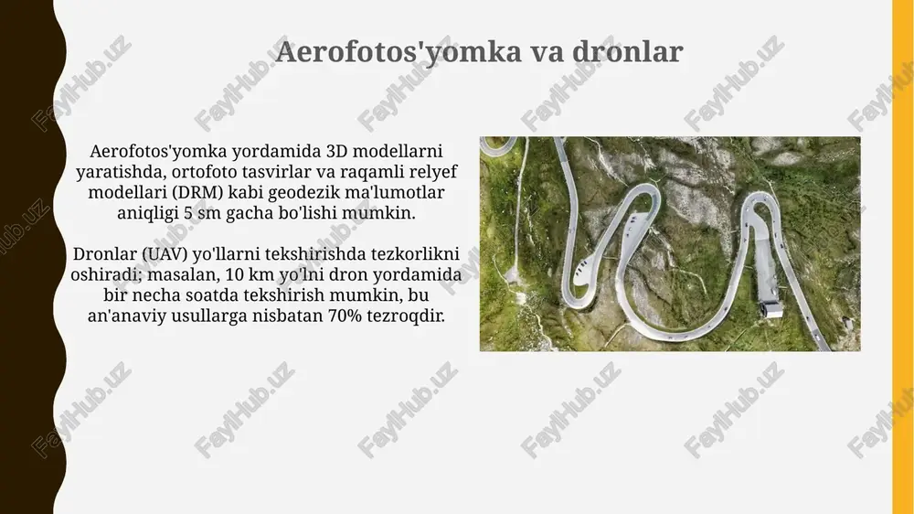 lumotlarini taqdim etadi, gnss esa rossiyaning glonass, yevropaning galileo va xitoyning beidou kabi boshqa global tizimlarni o'z ichiga oladi. real vaqtda kinematik (rtk) gnss texnologiyasi santimetr aniqligida joylashuv ma'lumotlarini taqdim etadi, bu esa gps bilan mustaqil ravishda erishish qiyin bo'lgan yo'l qoplamasining shikastlanishini xaritalash kabi vazifalar uchun muhimdir. ma'lumotlarni yig'ish drone texnologiyasi 1:500 dan 1:1000 gacha bo'lgan masshtabdagi ortofotosuratlarni yaratish uchun aerofotosuratlarni olish imkonini beradi, bu esa qimmat vaqtni tejaydi. ma'lumotlarni yig'ish gps texnologiyasidan foydalanishni o'z ichiga oladi, bu esa ko'cha o'qi va yo'l qirralarining aniq 3d koordinatalarini olish imkonini beradi. ko'chalar va yo'llarning mavjud holatini o'rganish va xaritalash suratga olish dronlar va geodezik asboblar yordamida amalga oshiriladi, bu esa yo'l qoplamasidagi yoriqlar, chuqurliklar va boshqa nuqsonlarni 2 mm aniqlikda aniqlashga imkon beradi. yo'llarning mavjud holatini o'rganishda gps va lidar texnologiyalari orqali yuqori aniqlikdagi 3d xaritalar yaratiladi, bu esa deformatsiyalarni millimetr aniqligida aniqlash imkonini beradi. e'tiboringiz uchun rahmat @taqdimot_robot image2.jpg …