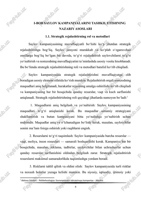 siyosiy yoki iqtisodiy tendensiyalar, saylovchilar orasida muayyan talablar yoki ehtiyojlar, texnologik yangiliklar. - tahdidlar: raqiblarning kuchli tomonlari, siyosiy o‘zgarishlar, ijtimoiy beqarorlik. 2. pestel tahlili: pestel tahlili — bu tashqi muhitning siyosiy, iqtisodiy, ijtimoiy, texnologik, ekologik va yuridik jihatlarini o‘rganish metodidir. saylov kampaniyasining strategiyasi uchun, pestel tahlili saylov jarayonida yuzaga kelishi mumkin bo‘lgan barcha tashqi faktorlarga javob berishga yordam beradi.[footnoteref:3] [3: david plouffe – the audacity to win: the inside story and lessons of barack obama’s historic victory] - siyosiy omillar: hukumatdagi o‘zgarishlar, saylov tizimining o‘zgarishi, siyosiy partiyalar o‘rtasidagi munosabatlar. - iqtisodiy omillar: inflatsiya, ish haqi darajasi, iqtisodiy o‘sish sur’ati. - ijtimoiy omillar: jamiyatdagi demografik o‘zgarishlar, saylovchilar ehtiyojlari. - texnologik omillar: yangi texnologiyalar, raqamli marketing vositalari. - ekologik omillar: ekologik siyosat, ijtimoiy mas’uliyatli tashabbuslar. - yuridik omillar: yangi saylov qonunlari, saylov qonunchiligi. 3. smart maqsadlar: smart metodologiyasi, saylov kampaniyasining maqsadlarini belgilashda qo‘llaniladi. smart — bu specific (aniq), measurable (o‘lchanadigan), achievable (erishish …