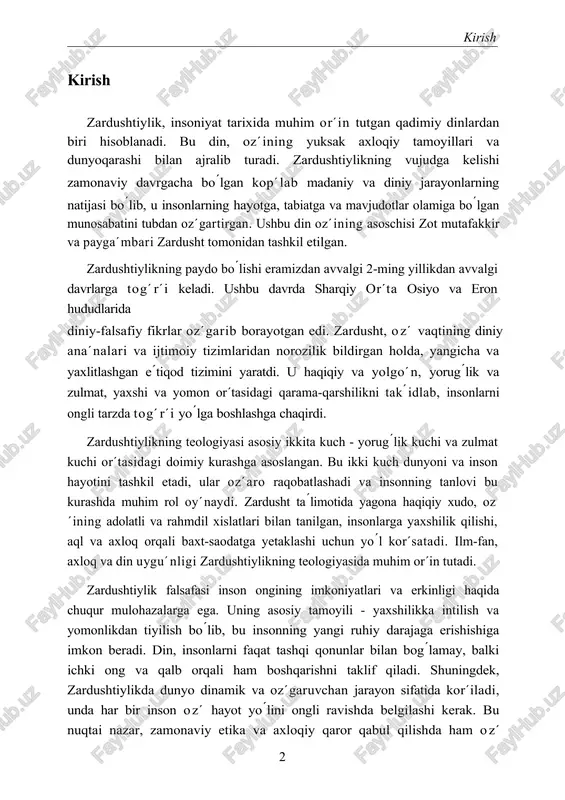 ddan avvalgi 224- sasanidlar sulolasi davrida zardushtiylik eng kuchli va 651 yillar rasmiy din sifatida rivojlanishi. vii asr islom dini tarqalishi; zardushtiylik mavqei pasayishi, lekin mavjudligiga davom etishi. hozirgi kun zardushtiylik kichik, ammo o’ziga xos diniy jamoalar tomonidan saqlanib kelmoqda, ayniqsa hindiston va eron hududlarida. 2. zardushtiylikning asosiy e’tiqodlari va ta’sirlari zardushtiylik, yoki mazdayasna, qadimiy eronda paydo bo’lgan eng qadimiy dinlardan biridir. bu din asosan yaxshi va yomon, nur va zulmat, haqiqat va yolg’on, hayot va o’lim o’rtasidagi qarama-qarshilikka asoslanadi. zardushtiylikda insonlarning hayoti o’z xatti-harakatlari va qarorlari orqali yaxshilik yoki yomonlikka intilishi, shuningdek, abadiy hayotga erishish mumkinligi ta’kidlanadi. ushbu dinning asoschisi zardusht (zoroaster) bo’lib, uning qadimiy eronda shakllangan etiqodi xalq va madaniyat rivojiga katta ta’sir ko’rsatgan. zardushtiylikning tarixiy kelib chiqishini tushunish uchun, avvalo uning qadimgi eron hududidagi diniy va madaniy vaziyatlarga e’tibor berish lozim. millattan avvalgi birinchi ming yillikning oxiri va ikkinchi ming yillikning boshlarida yaqin sharqda va ayniqsa eronning …
