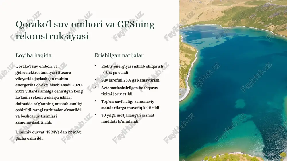 yaratiladi. mahalliy mutaxassislar uchun malaka oshirish dasturlari tashkil etilmoqda. mintaqaviy rivojlanish gidroelektrostansiyalar atrofida infratuzilma yaxshilanadi, yo'llar quriladi va turizm imkoniyatlari kengayadi. xulosa va istiqbollar o'zbekistonda gidroenergetika sektori jadal rivojlanmoqda. yangi stansiyalarning qurilishi va mavjud ob'ektlarning rekonstruksiyasi mamlakatning energiya xavfsizligini mustahkamlashga, ekologik barqaror rivojlanishga va iqtisodiy o'sishga muhim hissa qo'shmoqda. 2030 yilga qadar maqsadlar gidroenergetika quvvatini 3000 mvt gacha oshirish 15 ta yangi kichik ges qurilishi barcha mavjud stansiyalarni zamonaviylashtirish xalqaro standartlarga to'liq muvofiqlik raqobatbardoshlik oshirish mintaqaviy energiya bozorida faol ishtirok qayta tiklanuvchi energiya ulushini oshirish texnologik innovatsiyalarni joriy etish xalqaro hamkorlikni kengaytirish "gidroenergetika o'zbekistonning barqaror energetika kelajagining muhim ustuni bo'lib, u ekologik toza, iqtisodiy samarali va uzoq muddatli rivojlanishni ta'minlaydi." foydalanilgan adabiyotlar o'zbekiston respublikasi energetika vazirligi rasmiy ma'lumotlari gidrotexnik inshootlar va ulardan foydalanish. darslik. toshkent, 2022 o'zbekiston suv xo'jaligi loyihalari hisobotlari, 2020-2024 xalqaro to'g'onlar bo'yicha komissiya (icold) standartlari image1.png image2.png image3.png image4.png image5.png image6.png image7.png image8.png image9.png image10.png image11.png image12.png …