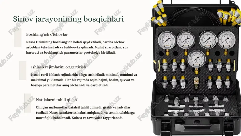 larga ega nasos tizimlari favqulodda holatlarda tezkor javob berishni ta'minlaydi. nosozliklar oldini olish va tizim ishonchliligi ortadi. sinov natijalarini amaliy qo'llash loyihalash bosqichi nasoslarni tanlash va loyihalashda parametrik sinov natijalari asosiy yo'riqnoma bo'lib xizmat qiladi. konstruktorlar va muhandislar sinov ma'lumotlariga tayanib, eng mos nasos turini va quvvatini tanlaydilar. texnik xizmat sinov natijalari texnik xizmat ko'rsatish jadvalini tuzishda va nosozliklarni oldindan aniqlashda qo'llaniladi. profilaktik tadbirlar rejalashtiriladi va ehtiyot qismlar zahirasi hisoblanadi. uzoq muddatli samaradorlik doimiy monitoring va davriy sinov o'tkazish gidrotexnik inshootlarning uzoq muddatli samaradorligini ta'minlaydi. tizim ishlashining tarixiy ma'lumotlari tahlil qilinib, yaxshilash choralari ishlab chiqiladi. muhim eslatma: nasos parametrik sinovi faqat bir martalik jarayon emas, balki doimiy monitoring va takomillashtirish tizimining ajralmas qismidir. muntazam sinov o'tkazish tizim samaradorligini uzoq muddatda yuqori darajada ushlab turishga yordam beradi. xulosa va tavsiyalar zaruriyat nasos parametrik sinovi gidrotexnik inshootlarda samarali va xavfsiz ishlash uchun zarur bo'lib, bu jarayon tizimning barqarorligini ta'minlaydi va uzoq muddatli …