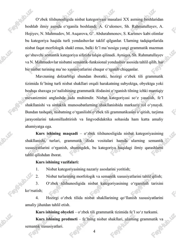 ining tahlili, shuningdek, o‘zbek tilining grammatik tizimini zamonaviy yondashuvlar asosida qayta baholash uchun ilmiy asos bo‘lib xizmat qiladi. umuman olganda, o‘zbek tilshunosligida nisbat kategoriyasining o‘rganilishi fe’lning semantik imkoniyatlarini chuqur tahlil qilish, harakatning bajaruvchi va obyekti o‘rtasidagi grammatik munosabatni anglash, shuningdek, o‘zbek tili morfologik tizimining mukammalligini ko‘rsatishda muhim ilmiy va amaliy ahamiyatga ega. kurs ishining tuzilishi kirish, ikki bob, har bobda ikki bo‘lim, xulosa va foydalanilgan adabiyotlardan iborat. i bob. nisbat kategoriyasining nazariy asoslari 1.1. nisbat kategoriyasining mohiyati, mazmuni va grammatik tabiati o‘zbek tili grammatik tizimining asosiy tarmoqlaridan biri bo‘lgan fe’l o‘zining shakl, ma’no va funksional imkoniyatlari bilan tilda alohida o‘rin egallaydi. fe’l so‘z turkumi harakat, holat, jarayon, voqea yoki ish-harakatni ifodalaydi va shu tufayli tilning eng faol qatlamlaridan biri hisoblanadi. fe’lning grammatik tizimi murakkab bo‘lib, u zamon, shaxs, mayl, bo‘lishlilik, bo‘lishsizlik, nisbat kabi kategoriyalar orqali o‘z ma’nosini aniqlashtiradi. ayniqsa, nisbat kategoriyasi fe’lning semantik tuzilmasida harakatning bajaruvchisi (subyekti) bilan obyekti o‘rtasidagi …