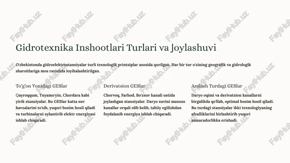 ajasini oshirishga xizmat qiladi. xalqaro hamkorlik osiyo taraqqiyot banki (adb) va boshqa xalqaro moliyaviy institutlar tomonidan moliyalashtirilayotgan loyihalar orqali yangi zamonaviy geslar qurilmoqda. grafik ges sohasiga kiritilayotgan investitsiyalarning yildan-yilga oʻsib borayotganini koʻrsatmoqda. xulosa: geslar – oʻzbekiston energetikasining barqaror kelajagi barqaror energiya – barqaror kelajak gidroelektrostansiyalar mamlakatimiz energiya xavfsizligini taʼminlashda hal qiluvchi omil boʻlib qolmoqda. davlat tomonidan qabul qilingan qarorlar va farmonlar, shuningdek xalqaro hamkorlik dasturlari orqali gidroenergetika sohasi jadal sur'atlar bilan rivojlanmoqda. davlat qoʻllab-quvvatlashi maqsadli dasturlar va moliyaviy resurslar ajratish innovatsion yondashuvlar zamonaviy texnologiyalar va samarali boshqaruv tizimlari ijobiy natijalar iqtisodiy samaradorlik va ekologik barqarorlik "gidroelektrostansiyalar nafaqat elektr energiyasi ishlab chiqarish manbaʼi, balki mamlakatimizning ekologik toza va barqaror rivojlanishining kaliti hisoblanadi." innovatsiyalar, samarali boshqaruv tizimlari va xalqaro tajribadan foydalanish orqali geslar milliy iqtisodiyot va atrof-muhit uchun koʻproq foyda keltiradigan, samarali va zamonaviy energiya manbaʼiga aylanmoqda. foydalanilgan adabiyotlar normativ-huquqiy hujjatlar oʻzbekiston respublikasi prezidentining 2017-yil 30-maydagi qarori "energiya samaradorligini oshirish chora-tadbirlari toʻgʻrisida" …