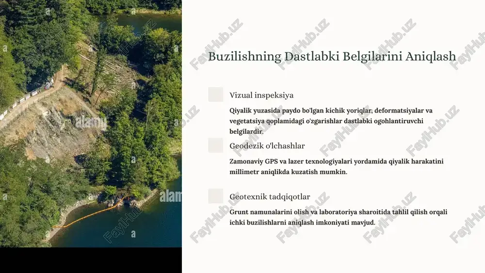 a-bosqich amalga oshirish. doimiy sifat nazorati va parametrlarni monitoring qilish. 4. monitoring va texnik xizmat ta'mirlashdan keyingi kuzatuv: deformatsiyalar, yoriqlar, suv rejimi. muntazam tekshiruvlar va preventiv choralar. texnik pasportni yuritish va ma'lumotlar bazasini yangilash. muhim eslatma: ta'mirlashda xavfsizlik va ekologik talablar atrof-muhitni muhofaza qilish ta'mirlash jarayonida ekologik toza "yumshoq" texnologiyalardan foydalanish zarur. kimyoviy moddalarning suv havzalariga tushishini oldini olish uchun maxsus himoya tizimlari o'rnatiladi. biologik xavfsiz materiallarni tanlash chiqindilarni qayta ishlash va utilizatsiya qilish vegetatsiya qoplamini tiklash hayvonot dunyosiga ta'sirni minimallashtirish ishchilar xavfsizligi qurilish maydonida qat'iy xavfsizlik qoidalariga rioya qilish majburiy hisoblanadi. barcha ishchilar shaxsiy himoya vositalariga ega bo'lishi va maxsus treninglardan o'tishi shart. himoya kiyimlari va qurollari xavfli zonalarni ajratish va belgilash avariya vaziyatlariga tayyorlik tibbiy yordam punktlarini tashkil etish "xavfsizlik va ekologiya - bu tanlov emas, balak majburiyatdir. zamonaviy gidrotexnika muhandisligi inson hayoti va tabiatni himoya qilishdan boshlanadi." – o'zbekiston qurilish vazirligi tavsiyalari o'zbekiston sharoitida gidrotexnik inshootlarni ta'mirlashning …