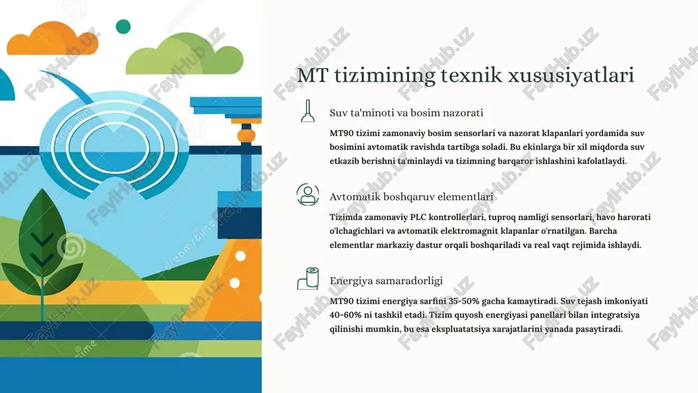 rgiyasini esa 40% gacha kamaytirish imkonini beradi. o'z-o'zidan diagnostika funksiyasi nosozliklarni erta aniqlaydi va resurs isrofini oldini oladi. 8 mt sug'orish rejimi: amaliy qo'llanilishi bug'doy ekinlari 30% suv tejash o'sish bosqichiga mos rejim yomg'ir va tuproq namligini hisobga olish sabzavot yetishtirish hosildorlik 35% oshgan aniq namlash rejimi meva sifatining yaxshilanishi paxta xo'jaliklari 25% samaradorlik o'sishi yozgi issiq davrlarda optimal sug'orish tola sifatini oshirish uzumzorlar suv sarfi 45% kamaydi tomchilatib sug'orish rejimi shakar miqdorini nazorat qilish muvaffaqiyat hikoyyasi: namangan viloyatidagi 200 gektar sabzavot xo'jaligida mt100 rejimi joriy etilgandan so'ng, suv sarfi 42% ga kamaydi va pomidor hosili 38% ga oshdi. fermer dilshod karimov tizimning foydalanish qulayligini va samaradorligini yuqori baholadi. 9 3-bo'lim: mt sug'orish-suvining sifati - kirish sug'orish suvining sifati ekin hosili va tuproq salomatligi uchun hal qiluvchi ahamiyatga ega. mt110 tizimi suv sifatini doimiy nazorat qilish va zarur bo'lganda tozalash choralari ko'rish imkonini beradi. nima uchun suv sifati muhim? sifatsiz …