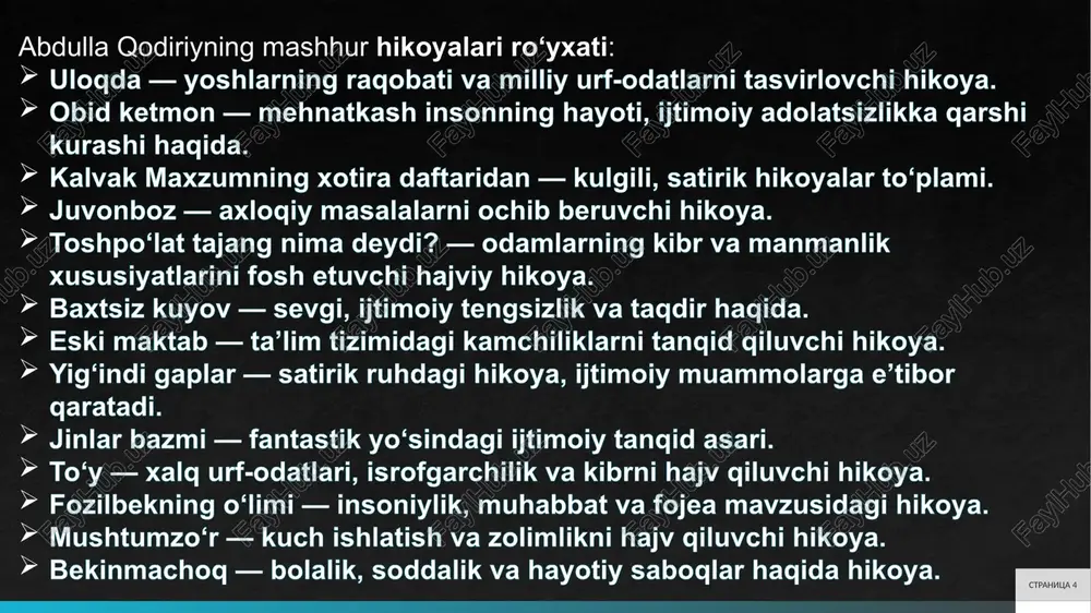 ini yaxshilash zarurligini ko’rsatadi. stranitsa 10 perviy navik vtoroy navik tretiy navik zaklyuchenie 10 shaxs va jamiyat ziddiyatlari, ijtimoiy adolatsizlik muammosi hikoyalarida shaxs va jamiyat ziddiyatlari qodiriyning asosiy g’oyalaridan biri. «uloqda»da oddiy odamning jamiyat bosimi ostidagi taqdiri ko’rsatilgan, bu ijtimoiy adolatsizlikni ochib beradi. shaxs jamiyatning qoidalari bilan to’qnash keladi, natijada eziladi. ijtimoiy adolatsizlik «kalvak maxzumning xotira daftaridan»da sinfiy farqlar orqali tanqid qilingan: boylar va kambag’allar o’rtasidagi ziddiyat.bu mavzu jadidchilikning insonparvarlik g’oyasiga asoslangan. shaxsiy erkinlik jamiyatning eski tuzumiga qarshi kurashadi, masalan, «toshpo’lat tajang nima deydir?»da qahramonning ichki ziddiyati ko’rsatilgan. ijtimoiy adolatsizlik muammosi mustamlaka davrining oqibati sifatida berilgan: rus hukmronligi va mahalliy boylarning zulmi. qodiriy shaxsni jamiyatdan ustun qo’ymagan, balki ularning uyg’unligini izlagan. stranitsa 11 badiiy xususiyatlar va poetika syujet va kompozitsiya: konflikt, kulminatsiya, yakun abdulla qodiriy ijodining cho’qqisi bo’lgan «o’tgan kunlar» romani o’zbek adabiyotida ilk bor realizm ruhida yozilgan to’liq roman sifatida tanilgan. roman syujeti xix asr birinchi yarmidagi buxoro amirligi …