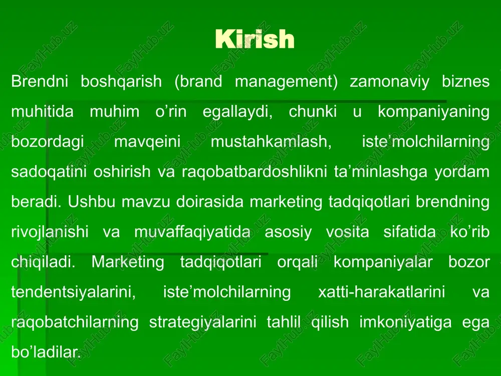 yillarda kichik va o’rta biznes (kob) sub’ektlari, shuningdek, yirik korxonalar tadqiqotlarni bozor dinamikasini tushunish va raqobat ustunligini yaratish uchun ishlatmoqda. amaliyotda tadqiqotlar ko’pincha so’rovnomalar, fokus-guruhlar va bozor tahlili orqali o’tkaziladi, bu esa brend strategiyalarini mahalliy kontekstga moslashtirishga yordam beradi.masalan, o’zbekistonning yirik korxonalaridan biri – artel kompaniyasi marketing tadqiqotlarini brendni mustahkamlash uchun faol qo’llaydi. raqamli marketing va onlayn tahlil vositalarining ahamiyati zamonaviy brend boshqaruvida raqamli marketing va onlayn tahlil vositalari muhim rol o’ynaydi, chunki ular ma’lumotlar asosida qarorlar qabul qilish, mijozlar bilan muloqotni kuchaytirish va kampaniyalarni optimallashtirish imkonini beradi. bu vositalar orqali kompaniyalar bozor tendentsiyalarini real vaqt rejimida kuzatib, brend strategiyalarini yaxshilaydi. ahamiyati shunda ko’rinadiki, ular xarajatlarni kamaytiradi va samaradorlikni oshiradi.masalan, google analytics vositasi brend boshqaruvida mijozlar xatti-harakatlarini tahlil qilish uchun ishlatiladi. xulosa brendni boshqarishda marketing tadqiqotlari brendning muvaffaqiyatli rivojlanishi va bozordagi o’rnini mustahkamlashda strategik ahamiyatga ega. marketing tadqiqotlari orqali brendlar o’z maqsadli auditoriyasining ehtiyojlari, xatti-harakatlari va afzalliklarini chuqur tushunib, ularga …