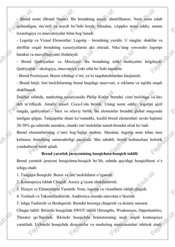 dqiqotidan boshlandi – odamlarning sayohatdagi ehtiyojlari o’rganildi. kontsepsiya – «uyingizdagi uy» g’oyasi. nom va logotip oddiy, ammo ishonchli. testlash natijasida imij takomillashtirildi. natijada, airbnb global brendga aylandi, yillik daromadi milliardlab dollarga yetdi. nazariy asosda david aakerning brend modellariga asoslanib, jarayonning har bir bosqichi brend kapitalini oshiradi. misol uchun, bosqichma-bosqich yondashuv brendning muvaffaqiyatini 40% ga oshirishi mumkin, chunki xatolar erta bartaraf etiladi. bozor va iste’molchi ehtiyojlarini o’rganishning ro’li.bozor va iste’molchi ehtiyojlarini o’rganish brend shakllantirishning asosiy tayanchi hisoblanadi. bu jarayon brendni bozor talablariga moslashtirishga yordam beradi va raqobat ustunligini ta’minlaydi. nazariy asos: marketing nazariyasida iste’molchi ehtiyojlari maslou piramidasi va 4p modeli (product, price, place, promotion) asosida o’rganiladi. tadqiqot usullari: so’rovlar, fokus-guruhlar, big data tahlili. chuqur tahlil: bozor o’rganishda segmentatsiya (demografik, psixografik) qo’llaniladi. iste’molchi ehtiyojlari – funksional (sifat) va emotsional (status). ro’lining muhimligi: agar ehtiyojlar hisobga olinmasa, brend muvaffaqiyatsiz bo’ladi. amaliy misol: starbucks brendi. bozor tadqiqoti shuni ko’rsatdiki, odamlar nafaqat qahva, balki qulay …