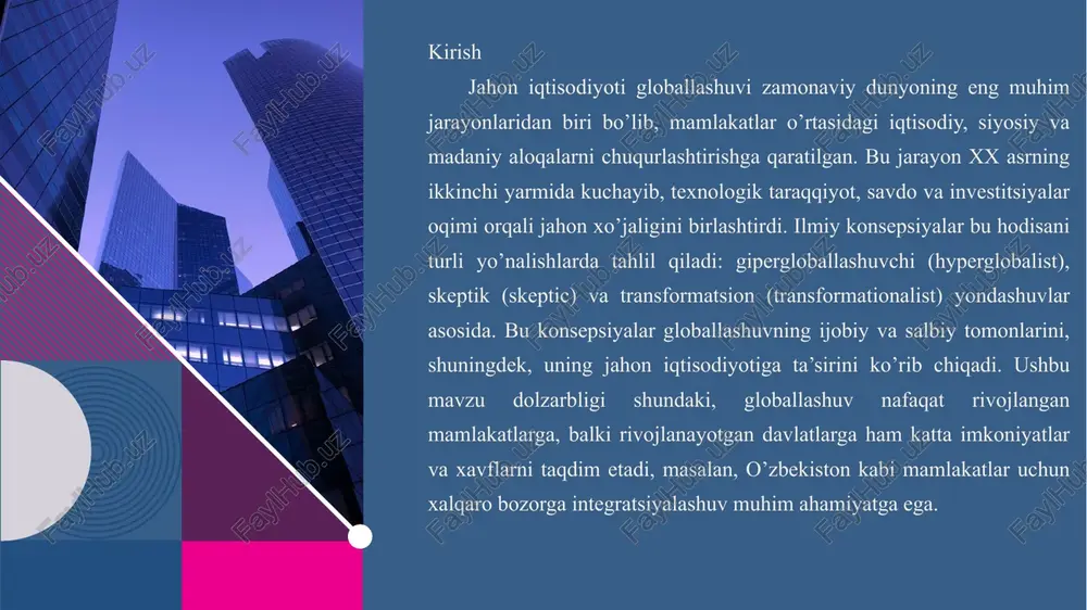 diy tengsizlikni e’tiborsiz qoldirishi mumkin. rivojlanayotgan mamlakatlar erkin savdoda zaif bo’lib, xorijiy korporatsiyalar tomonidan ekspluatatsiya qilinadi. 11 11 xavf omili himoya mexanizmi misollar natija transmilliy korporatsiyalar hukmronligi milliy investitsiya qonunlari xitoyning texnologiya transferi talabi texnologik suverenitet savdo defitsiti import-substitutsiya va eksportni qo’llab-quvvatlash janubiy koreyaning «chaebol» modeli raqobatbardosh sanoat moliyaviy inqirozlar valyuta zaxiralari va kapital nazorati malayziyaning 1998 yil kapital cheklovi tez tiklanish ekologik ekspluatatsiya yashil standartlar va soliqlar yevropa ittifoqining cbam (uglerod chegaraviy solig’i) barqaror eksport madaniy assimilyatsiya milliy brendlar va ta’lim fransuz til siyosati va «made in france» milliy o’ziga xoslik 12 13 marxistik va neomarksistik talqinlar marxistik talqin globallashuvni kapitalistik tizimning kengayishi sifatida ko’radi, bu orqali boy mamlakatlar kambag’allarni ekspluatatsiya qiladi. kapitalizm global miqyosda mehnat va resurslarni nazorat qiladi. masalan, immanuel vallershteynning jahon tizimi nazariyasida markaziy mamlakatlar periferiyani ekspluatatsiya qiladi. neomarksistik yondashuv globallashuvni sinfiy kurashning global shakli deb hisoblaydi. ko’p millatli korporatsiyalar milliy chegaralarni chetlab o’tib, foydani maksimallashtiradi. …