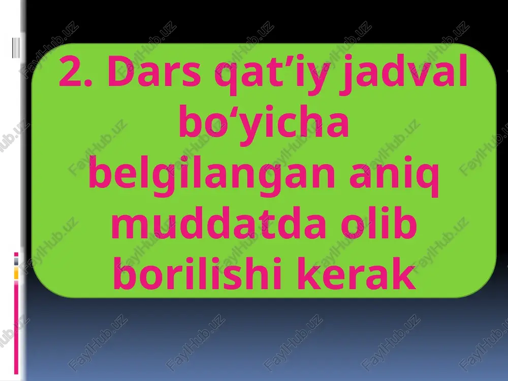 lan olib ta’lim mashg’ulotiga aytiladi. ta’lim jarayonida eng ko‘p qo‘llaniladigan dars yangi bilimlarni bayon qilishi darsidir. bu darsning tuzilishi quyidagicha : 1. darsni tashkil qilish. 2. yangi bilimlarni bayon qilish. 3. yangi bilimlarni mustahkamlash. 4. yangi bilimlar ustida mashq o‘tkazish. 5. yangi bilimlarga bog`lik uy mashg`ulotlari berish. ta’lim tizimida tajribadan o‘tgan dars turlari quyidagilardan iborat: 1. yangi bilimlarni bayon qilish darsi. 2. o‘quv materiallarini mustahkamlash. 3. takrorlash va bilimlarni umumlashtirish darslari. 4. o‘quvchilarning o‘zlashtirishini nazorat qilishi va baholash darslari. 5. dars turlari, uyg`unlashgan darslar. dars – ta’limning asosiy shakli ekan, u ilmiy, tizimli, tushunarli, ongli va faol bo‘lishi, bilimlar mustahkam o‘zlashtirilishi, o‘quvchi-talabaning shaxsiy xususiyatlari e’tiborga olingan holda tashkil etilishi dars oldiga qator didaktik talablarni qo‘yadi. /docprops/thumbnail.jpeg