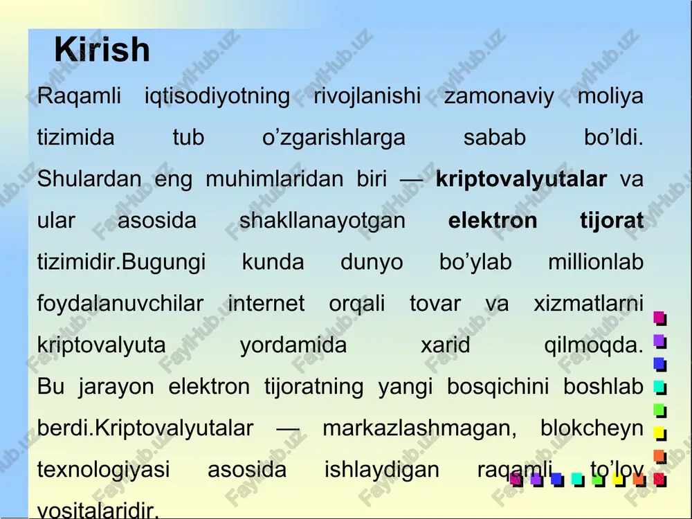 tgan bo’lsa-da, elektron tijoratdagi imkoniyatlar umidvor. bozor barqarorligini ta’minlash uchun tartibga solish va innovatsiyalar zarur. kelajakda kripto global moliyani o’zgartirishi mumkin, ammo ehtiyotkorlik talab etiladi. ushbu tahlil bozor ishtirokchilariga yo’l-yo’riq bo’lsin. kriptovalyutalar zamonaviy iqtisodiyotda muhim o’rin egallamoqda. foydalanilgan adabiyotlar va internet manbalari 1.karimov i.a. yuksak ma’naviyat – yengilmas kuch. – toshkent: ma’naviyat, 2008. 2.o’zbekiston respublikasi prezidentining “raqamli o’zbekiston – 2030” strategiyasi to’g’risidagi farmoni. 3.jo’rayev b., mamatov a. raqamli iqtisodiyot asoslari. – toshkent: iqtisodiyot, 2021. https://coinmarketcap.com — kriptovalyuta bozori statistikasi va tahlili. https://www.binance.com — kriptovalyuta savdo platformasi haqida ma’lumotlar. https://www.blockchain.com — blokcheyn tizimlari va tarmoq ma’lumotlari. https://www.cointelegraph.com — kripto yangiliklari va iqtisodiy tahlillar. image9.png image10.png image11.png image12.png image13.png image14.png image1.jpeg image2.png image7.png /docprops/thumbnail.jpeg