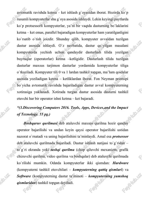 mpact of texnology. 55 pg.) shaxsiy kompyuterning tuzilishi birinchi shaxsiy kompyuterlar o`tgan asrning 70-nchi yillarining o`rtalarida paydo bo`lgan. bular “altair 8800”, “trs-80 pc”, “pet pc” va “apple” lardir. mashhur microsoft firmasining yaratuvchisi va boshlig`i bo`lgan bill geyts “altair” shaxsiy kompyuter (shk) uchun birinchi bo`lib basic tilining interpretatorini yaratdi. natijada bu kompyuterlar, avval faqat o`yinlar uchun mo`ljallangan edi. shu bilan birga foydalanuvchilar tomonidan biznesda va murakkab bo`lmagan muhandislik hisob – kitoblarida ham ishlatib kelingan. 1981 yilda ibm firmasi o`ziga xos shk variantini yaratdi va u ibm pc deb nom oldi. bu kompyuter juda ko`p ishlab chiqarila boshladi va jahonda shk larning standartiga aylandi. shaxsiy kompyuterlar quyidagi qurilmalardan tashkil topgan: · sistema bloki; · monitor; · klaviatura; · «sichqoncha»; · tashqi qurilmalar. sistema bloki sistema bloki – shk asosini tashkil etuvchi qismi hisoblanib, unda kompyuterning asosiy qismlar joylashgan bo`ladi. sistema bloki ichida joylashgan qurilmalar ichki qurilma, unga tashqi tomonidan ulanadigan qurilmalar tashqi …