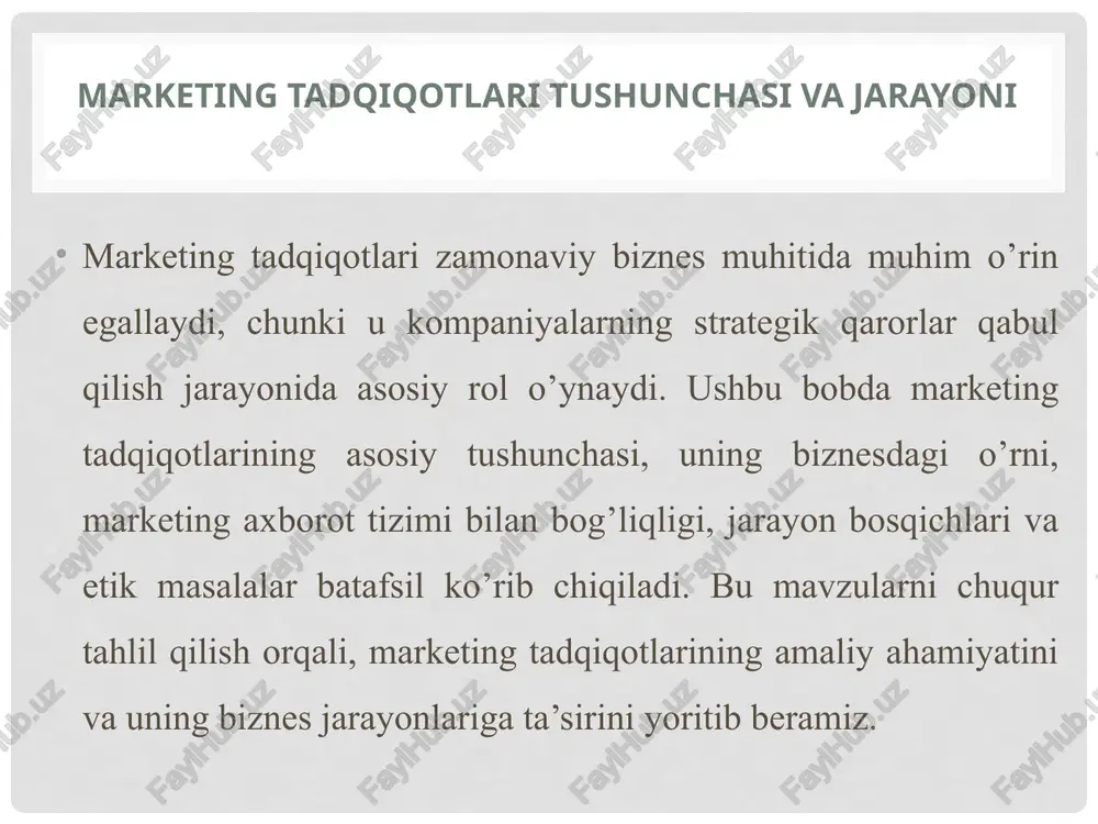 qishga yordam beradigan jarayon. u korxonaga savollariga javob topishga imkon beradi: «mijozlar nima xohlaydi?», «raqobatchilar qanday harakat qilmoqda?», «yangi mahsulot muvaffaqiyatli bo’ladimi?» va hokazo. tadqiqotlarning asosiy vazifalari quyidagilar: muammolarni aniqlash: korxona ichidagi va tashqarisidagi muammolarni topish, masalan, savdo pasayishi sabablarini o’rganish. ma’lumotlar yig’ish: birlamchi (yangi yig’ilgan) va ikkilamchi (mavjud) ma’lumotlardan foydalanish. tahlil va talqin: yig’ilgan ma’lumotlarni statistik usullar bilan qayta ishlash va natijalarni izohlash. qaror qabul qilish: tadqiqot natijalariga asoslanib, marketing harakatlarini rejalashtirish. namuna olish va o'lchov – tadqiqotning ishonchliligini ta'minlaydi. bosh to'plam (population) – butun auditoriya, namuna (sample) esa uning kichik qismi. bosh to‘plam va namuna tushunchalari: bosh to'plamni to'liq o'rganish qiyin, shuning uchun namuna tanlanadi. ehtimollik usullari: tasodifiy (random), qatlamli (stratified), klasterli (cluster), tizimli (systematic). noehtimollik usullari: kvota (quota), qulay (convenience)“snouboll” (snowball). marketing tadqiqotlarining turlari marketing tadqiqotlari turli mezonlarga ko ‘ ra tasniflanadi. eng keng tarqalgan tasnif – tadqiqot maqsadiga asoslangan: izlanuvchi (exploratory) tadqiqotlar: muammoni chuqur tushunish uchun …
