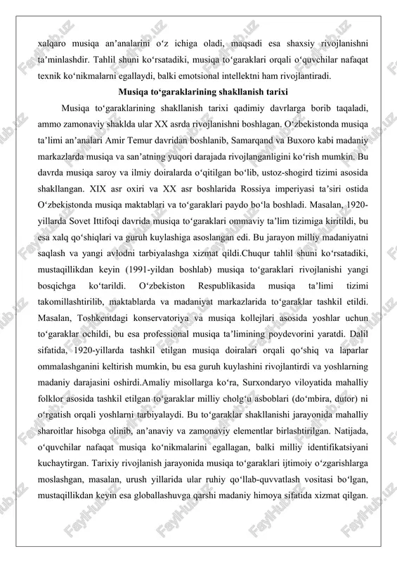 kiston respublikasida musiqa taʼlimi tizimi takomillashtirilib, maktablarda va madaniyat markazlarida toʻgaraklar tashkil etildi. masalan, toshkentdagi konservatoriya va musiqa kollejlari asosida yoshlar uchun toʻgaraklar ochildi, bu esa professional musiqa taʼlimining poydevorini yaratdi. dalil sifatida, 1920-yillarda tashkil etilgan musiqa doiralari orqali qoʻshiq va laparlar ommalashganini keltirish mumkin, bu esa guruh kuylashini rivojlantirdi va yoshlarning madaniy darajasini oshirdi.amaliy misollarga koʻra, surxondaryo viloyatida mahalliy folklor asosida tashkil etilgan toʻgaraklar milliy cholgʻu asboblari (doʻmbira, dutor) ni oʻrgatish orqali yoshlarni tarbiyalaydi. bu toʻgaraklar shakllanishi jarayonida mahalliy sharoitlar hisobga olinib, anʼanaviy va zamonaviy elementlar birlashtirilgan. natijada, oʻquvchilar nafaqat musiqa koʻnikmalarini egallagan, balki milliy identifikatsiyani kuchaytirgan. tarixiy rivojlanish jarayonida musiqa toʻgaraklari ijtimoiy oʻzgarishlarga moslashgan, masalan, urush yillarida ular ruhiy qoʻllab-quvvatlash vositasi boʻlgan, mustaqillikdan keyin esa globallashuvga qarshi madaniy himoya sifatida xizmat qilgan. bu jarayonlar shuni koʻrsatadiki, musiqa toʻgaraklari statik emas, balki dinamik rivojlanuvchi tizimdir. musiqa ta’limining asosiy yo‘nalishlari va metodlari musiqa taʼlimining asosiy yoʻnalishlari estetik tarbiya, texnik koʻnikmalar …