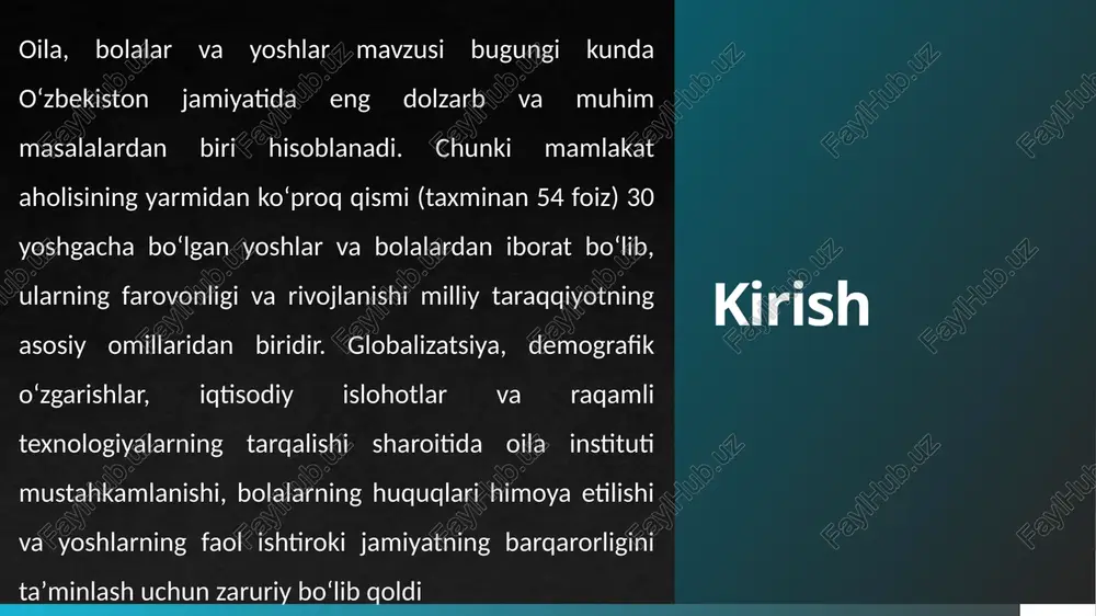 onalar farzandlarini boqish, tarbiya va ta’limini ta’minlash majburiyatiga ega bo’lib, bu konstitutsiyaning 77-moddasida belgilangan. ushbu majburiyat ota-onalar yoki ularning o’rnini bosuvchi shaxslar tomonidan amalga oshiriladi va bolalarning sog’lom rivojlanishini ta’minlashga xizmat qiladi. majburiyat bolalarning moddiy ta’minoti, ma’naviy tarbiyasi va ta’lim olishini o’z ichiga oladi.boqish majburiyati bolalarning moddiy ehtiyojlarini qondirishni nazarda tutadi. ota-onalar farzandlarining ovqatlanishi, kiyim-kechak va yashash sharoitlarini ta’minlashi kerak. yetim va ota-ona qaramog’isiz qolgan bolalarni himoya qilishning konstitutsiyaviy va qonunchilik asoslari yetim va ota-ona qaramog’isiz qolgan bolalarni himoya qilish konstitutsiyaning 78-moddasida belgilangan bo’lib, bolalarning huquqlari, erkinliklari va qonuniy manfaatlari davlat tomonidan himoya qilinishi ko’rsatilgan. davlat bolalarning huquqlarini ta’minlash, ularning jamiyatda to’laqonli shaxs sifatida shakllanishi uchun zarur shart-sharoitlarni yaratadi. ushbu asoslar “bola huquqlarining kafolatlari to’g’risida”gi qonun bilan uyg’unlashgan.konstitutsiyaviy asoslar bolalarning huquqlarini himoya qilishni davlat siyosatining ustuvorligi sifatida belgilaydi. yetim bolalar uchun davlat moddiy yordam, ta’lim va sog’liq xizmatlarini ta’minlaydi. yoshlarga oid konstitutsiyaviy normalar va davlat siyosati o’zbekiston respublikasida yoshlarga oid …