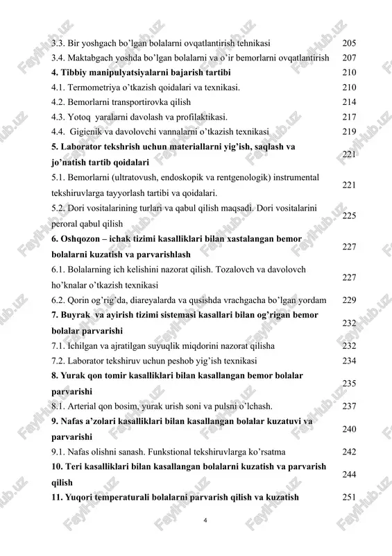 i o’rganish, xirurgik bemor bolalarni qabul qilishda sanitar ishlov berishning axamiyati 333 4.4. zamonaviy tibbiyotda yatrogeniya va evtanaziya muammolari. 337 1.5. 4.5. operatsiyaga tayyorlashni asosiy tamoyillari. xirurgik kasalliklar bilan kasallangan bolalarni operatsiyadan oldingi va keyingi davrda parvalishlash 341 4.6. qabul bo’limida bemorlarni sanitar tozalash 348 4.7. kasalxona ichi infeksiya tushunchasi va uni oldini olish 349 4.8. bemorlarning shaxsiy gigiyenasi 352 4.9. xirurgik operatsiya tushunchasi, turlari bo’yicha shifokorning – bemor bilan muloqoti. bemorlarni boglov xonasiga va palatalarga etkazish. 356 4.10. hirurgik bemorlarni kuzatish va davolashdagi muolajalar. bemorlarga sudna, siydikdon tutish va ularni tozalash 363 4.11. narkoz tushunchasi, turlari, asoratlari bo’yicha shifokorning bemor bilan muloqot qilishining ahamiyati 368 4.12. bemorni operatsiya oldi davrida shifokor tomonidan olib borilishi lozim bo’lgan muolajalarning ahamiyati. 375 4.13. hayajonlanish, qo’rquv, siqilish, shok kabi bemorlarni psixologik holatlarida shifokorning tutgan o’rni 383 4.14. shifokor tomonidan operatsiyadan keyingi davrda bajariladigan muolajalar ahamiyati. ichak va siydik oqmasi bo’lgan bemorlarni parvarishlash 389 …
