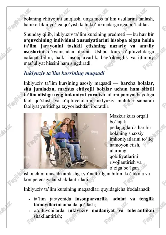ularni jamiyat a’zosi sifatida qabul qilish ko‘nikmasini rivojlantirish. 3. individual yondashuv asosida ta’limni tashkil etish. har bir bolaning psixologik, jismoniy va intellektual xususiyatlariga mos o‘quv dasturlari va metodlarni qo‘llash. 4. o‘quv muhitini inklyuziv talablar asosida moslashtirish. maxsus ehtiyojli o‘quvchilar uchun qulay sinf jihozlari, o‘quv materiallari va texnik vositalarni yaratish. 5. o‘qituvchilarning kasbiy kompetensiyasini rivojlantirish. ularni maxsus pedagogika, defektologiya, logopediya va psixologiya yo‘nalishlarida tayyorlash. 6. ota-onalar va mutaxassislar bilan samarali hamkorlikni yo‘lga qo‘yish. ota-onalarni farzandining ta’lim jarayoniga jalb etish, maslahat va qo‘llab-quvvatlash tizimini rivojlantirish. 7. jamiyatda inklyuziv madaniyatni targ‘ib qilish. nogironligi bo‘lgan bolalarga nisbatan ijobiy munosabatni shakllantirish, diskriminatsiyani oldini olish. bu vazifalar inklyuziv ta’lim tizimini amaliyotga tatbiq etish, pedagoglarni bu borada tayyorlash va har bir bola uchun teng ta’lim sharoitini yaratishda muhim ahamiyat kasb etadi. xulosa xulosa qilib aytganda, inklyuziv ta’lim — bu zamonaviy ta’lim tizimining ajralmas qismi bo‘lib, u har bir bolaning shaxsiy imkoniyatidan qat’i nazar, ta’lim olish huquqini ta’minlaydi. …
