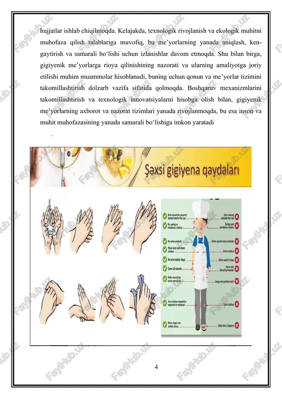 tajriba almashish imkonini yaratadi. gigiyenik meyorlarning tushunchasi ularning inson salomatligi va muhit muhofazasida olib boriladigan tadbirlarning asosiy qismi ekanligini ko‘rsatadi. ular xavfli omillarni aniqlash, ularni boshqarish va sog‘liqni saqlash tizimini mustahkamlash uchun muhim instrument hisoblanadi. bu meyorlar, shuningdek, insonlarning xavfsizligini ta’minlash va ekologik muhitni saqlashda ham muhim rol o‘ynaydi. shuning uchun, gigiyenik meyorlarni ishlab chiqish va amalda qo‘llashda, ularning ilmiy asoslari, amaliy tajribalar va xalqaro tajribalar bilan muvofiqligi muhim ahamiyatga ega. 1.2 gigiyenik meyorlar va ularning turlari gigiyenik meyorlar va ularning turlari inson salomatligini himoya qilish va muhit muhofazasini ta’minlashda muhim rol o’ynaydi. bu meyorlar inson organizmining muhit bilan aloqa qilishida xavfsizlikni ta’minlovchi ko’rsatkichlar sifatida belgilangan bo’lib, ular sanitariya-epidemiologik xavfsizlikni ta’minlash uchun asosiy normativ hujjatlardir. gigiyenik meyorlar va ularning turlari insonning sog’liqni saqlash va muhit muhofazasiga qaratilgan keng qamrovli standartlar bo’lib, ular sanitariya normalari, texnik standartlar va tavsiyalarni o’z ichiga oladi. gigiyenik meyorlarning asosiy turlari bir nechta asosiy guruhlarga bo’linadi. …