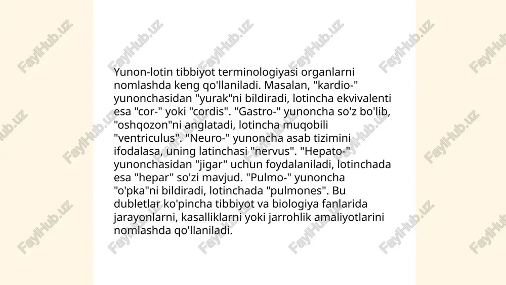 sosiy organlari burun, hiqildoq, traxeya va o‘pkalardir. har kuni inson o‘rtacha 20,000 marta nafas oladi. bronxlar orqali har bir nafasda taxminan 500 millilitr havoni o‘pkaga yetkazadi. o‘pkalarda 300 milliondan ortiq alveola mavjud bo‘lib, ular kislorodni qonga o'tkazadi. o‘pkalarning umumiy yuzasi taxminan 75 kvadrat metrni tashkil etadi. inson o‘rtacha 6 litr hajmdagi havo bilan nafas oladi. yirik bo‘lmagan nafas olish kasalliklari dunyoda oyin qatori yetakchi sabablardan biri hisoblanadi. yunon-lotin dubletlari va yakka ae lari. to'qimalar, organlar, suyuqliklar, sekretlar, jins hamda yoshni ifodalovchi yunon-lotin dubletlari. funksional va patologik holat hamda jarayonlarni ifodalovchi yakka ae lar. mo'minov odilbek e'tiboringiz uchun raxmat! image1.png image2.png image3.png image4.png image5.jpg image6.png image7.png image8.png image9.png /docprops/thumbnail.jpeg