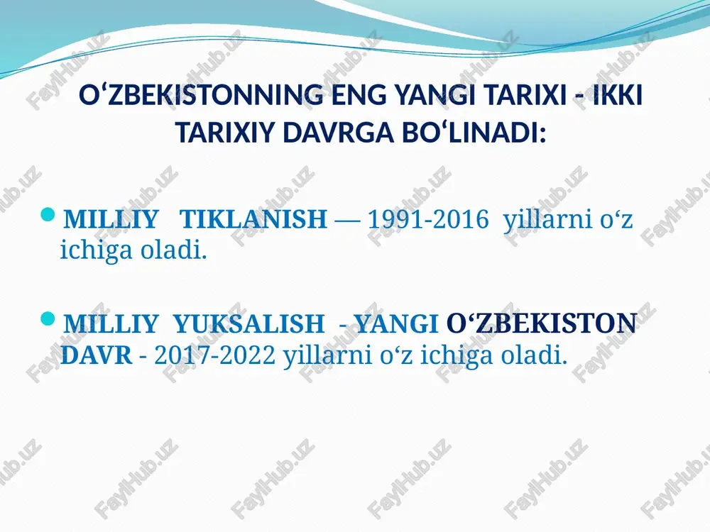 ridan - 1917 yilgacha 6. sovetlar (sho’ro) davri 1917-1991 yillar 7. milliy istiqlol davri. 1991-2022 yillar 2012 yil 27 yanvarda o‘zbekiston respublikasi oliy va o‘rta maxsus ta’lim vazirligi huzurida o‘zbekistonning eng yangi tari­xi bo‘yicha jamoatchilik kengashi tashkil etildi (pq-1694). 2017 yil 17 fevralda oliy va o‘rta maxsus ta’lim vazirligi huzuridagi o‘zbekistonning eng yangi tarixi bo‘yicha jamoatchilik kengashi o‘zbekiston respublikasi fanlar akademiyasi huzuridagi o‘zbekistonning eng yangi tarixi bo‘yicha jamoatchilik kengashiga aylantirish bo’yicha prezident qarori (pq-2789) qabul qilindi. 2017 yil 30 iyunda pq-3105 “o’zr fa huzurida o’zbekistonning eng yangi tarixi bo’yicha jamoatchilik kengashi” tashkil etildi. 2019 yil 11 iyulda “o’zbekiston tarixi” telekanalini tashkil etish chora-tadbirlari to’g’risida” o’zbekiston respublikasi prezidentining qarori (pq-4390) qabul qilindi. e’tiboringiz uchun rahmat image2.jpeg image3.jpeg image4.jpeg image5.jpeg image6.jpeg image7.jpeg image8.jpeg image9.jpeg image10.jpeg /docprops/thumbnail.jpeg