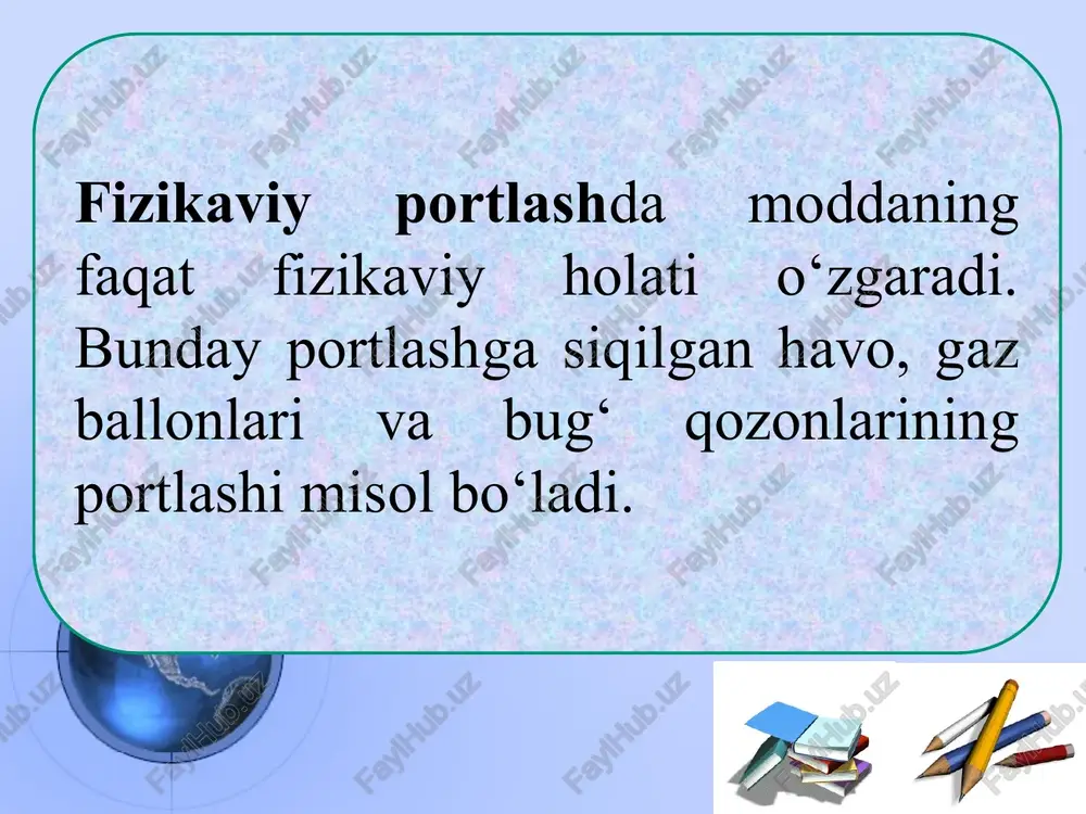 nert qo‘shimchalar qo‘shiladi. barcha portlovchi moddalar portlash xususiyatini uyg‘otish usuli bo‘yicha shartli ravishda birlamchi (portlashni qo‘zg‘atuvchi, uyg‘otuvchi) ikkilamchi (brizantli) birlamchi portlovchi modda juda sezgir bo‘lib, ozgina zaryadi ham ozgina mexanik yoki issiqlik impulsidan portlash qobiliyatiga ega. bunday portlovchi moddalar, ya’ni portlashni qo‘zg‘atuvchilarga simob qaldirog‘i, qo‘rg‘oshin azidi va tenereslar kiradi. ikkilamchi portlovchi moddalar-ning issiqlik va mexanik ta’sirga sezgirligi deyarli kam bo‘lib, bun-day portlovchi moddalarda port-lashni uyg‘otish uchun portlashni uyg‘otuvchi kichkina portlovchi modda zaryadining boshlang‘ich impulsi kerak bo‘ladi. sezgirligi yuqori bo‘lgan ikkilamchi portlovchi moddalar: tetril, ten, geksogen kapsul-detonatorlar ishlab chiqarishda ikkilamchi zaryad sifatida ishlatiladi. portlovchi moddalar ta’sir etish doirasida quyidagicha bo‘lishi mumkin: portlab maydalovchi (brizantli), itqituvchi va yonib portlovchi (pirotexnik). e'tiboringiz uchun raxmat tayyorladi: x.a.nurxonov