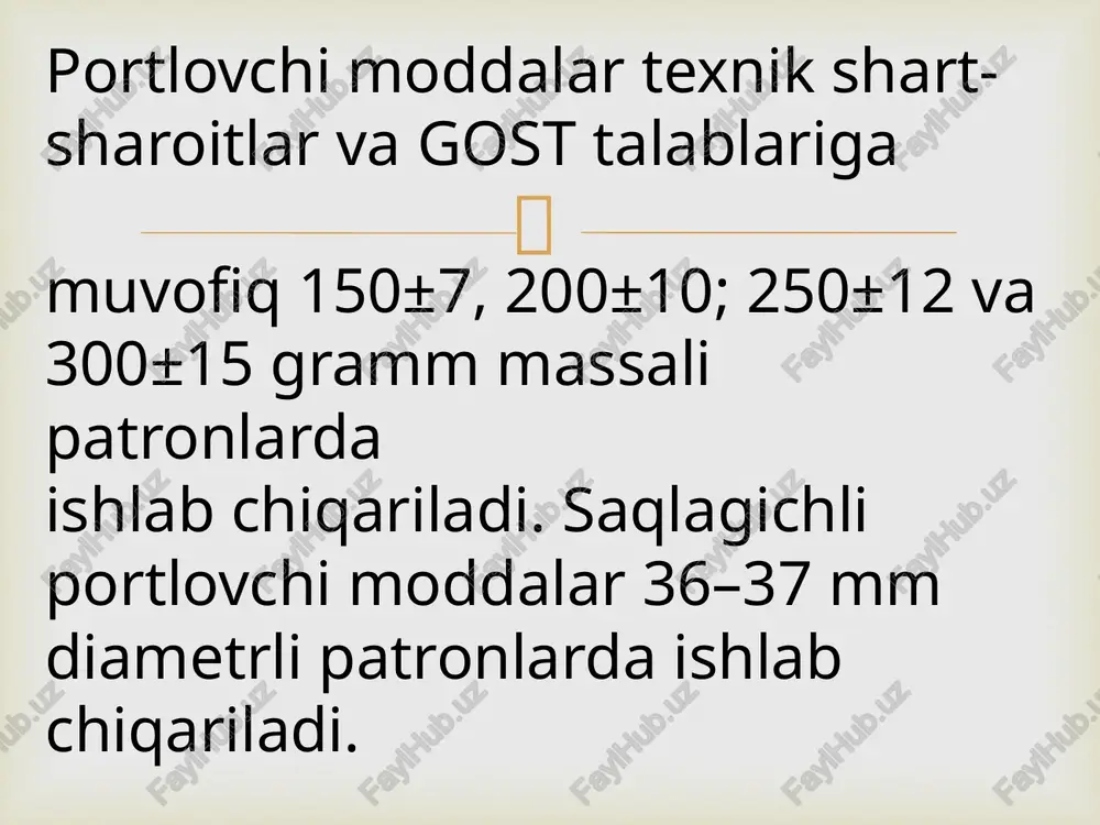 uchun bir yil. har bir yashikka o‘t o‘tkazuvchi pilikni saqlash va uni ishlatish haqida yo‘riqnoma solinadi.  portlovchi materiallarni saqlash sharoiti shunday bo‘lishi kerakki: saqlash davomida ular buzilib qolmasligi, o‘z-o‘zidan portlamasligi, o‘g‘irlikka yo‘l qo‘yilmasligi, portlovchi materiallarni qabul qilish va tarqatishning qulay, xavfsiz bajarilishini ta’minlash imkonini beradigan bo‘lishi kerak. portlovchi materiallarni saqlash uchun maxsus omborxonalar tipovay yoki individual loyiha asosida qurilishi kerak. portlovchi materiallar saqlanadigan omborlar  yer sathidagi omborlarga asosiy omborxona-lari yer yuzasida joylashgan omborlar kiradi, yarimchuqurlariga omborlari karniziga qadar yer ostiga chuqurlashganlari, chuqurlariga omborxonalari ustidagi yerning qalinligi 15 m ga qadar bo‘lganlari, yer osti omborlariga omborxonalari ustidagi yer qatlami 15 m dan chuqurroqda joylashganlari kiradi. portlovchi materiallar omborlari yer yuzasi relefiga nisbatan joylashishiga qarab quyidagicha bo‘linadi: yer sathida joylashgan, yarim chuqur va yer osti omborlari.  omborxonalar xizmat muddatiga ko‘ra quyidagicha bo‘linadi: doimiy – xizmat qilish muddati 3 yildan ortiq. vaqtinchalik – xizmat muddati 3 yilgacha. qisqa muddatli – …