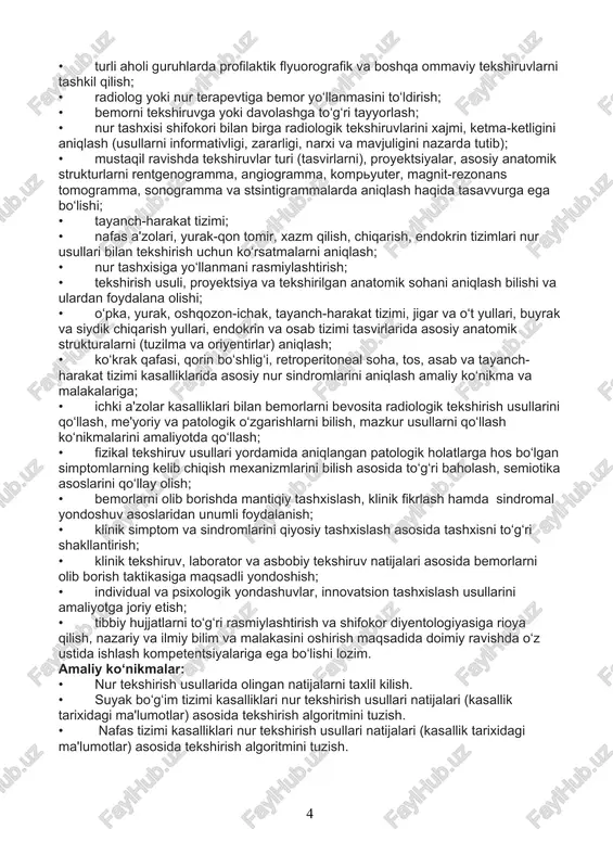 riga ega bo‘lishi lozim. amaliy ko‘nikmalar: • nur tekshirish usullarida olingan natijalarni taxlil kilish. • suyak bo‘g‘im tizimi kasalliklari nur tekshirish usullari natijalari (kasallik tarixidagi ma'lumotlar) asosida tekshirish algoritmini tuzish. • nafas tizimi kasalliklari nur tekshirish usullari natijalari (kasallik tarixidagi ma'lumotlar) asosida tekshirish algoritmini tuzish. o‘quv fanining tematik (mavzuviy) rejasi hafta kredit bo‘lim mazmuni 1 1 mashgʼulot turi: ma'ruza-1. mavzu: nur tashxisi usullari. rentgenologik tekshirishi usullari (rentgenografiya, rentgenoskopiya, flyuorografiya, rakamli rentgenografiya, oddiy tomografiya). rentgenogramma sifatini baholash. rentgen usulining afzalliklari va kamchiliklari. rentgenologik tekshiruvning ko'rsatmalari va qarshi ko'rsatmalar. qisqacha annotatsiya: rentgen diagnostika kasalliklarni tashxislash uchun rentgenografiya usullarini anglatadi. buning uchun turli xil vizualizatsiya usullari qo‘llaniladi. radiografiya - bu suyaklar, paylar, mushaklar, qon tomirlari va ichki organlar kabi tana tuzilmalarini ko‘rish uchun tibbiy muolaja bo‘lib hisoblanadi. mavzu rejasi: 1.rentgenologik tashxislash usullari 2.rentgenografiya 3.rentgenoskopiya 4.flyurografiya 5.raqamli rentgenografiya 6.oddiy tomografiya 2 mashgʼulot turi: amaliy mashg‘ulot-1. mavzu: radiatsion diagnostika usullari. rentgenologik tadqiqot usuli. rentgen usulining …
