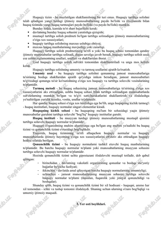 uchun ushbu qoidalar tegishli shaklda ifodalanishi kerak. ushbu shakl "huquq manbalari" dir. ushbu atama huquqiy normalarni ifodalashning tashqi shakllarini bildiradi. huquqning quyidagi asosiy manbalari mavjud: huquqiy odat, huquqiy pretsedent (sud amaliyoti), normativ-huquqiy akt. yuridik odat - bu davlat tomonidan sanktsiyalangan, ilgari odamlar tomonidan muayyan harakatlarning uzoq vaqt takrorlanishi natijasida rivojlanib, barqaror me'yor sifatida belgilangan xulq-atvor qoidasi. huquqiy pretsedent deganda davlat umumiy majburiy ahamiyatga ega bo'lgan ma'lum bir sud ishi bo'yicha sud yoki ma'muriy qaror tushuniladi. normativ huquqiy akt - bu qonun normalarini o'z ichiga olgan qonun ijodkorligi akti. zamonaviy huquq manbalari orasida etakchi o'rinni normativ-huquqiy hujjatlar egallaydi. normativ-huquqiy hujjatlar davlatning uchta qonun chiqaruvchi organlari tomonidan ham (qonun chiqaruvchi, ijro etuvchi va sud) tuziladi. normativ-huquqiy hujjatlarning bir necha tasnifi mavjud. eng muhimi, ularni qonuniy kuch bilan ajratishdir. ushbu printsipga ko'ra barcha normativ-huquqiy hujjatlar qonunlar va qonunosti hujjatlariga bo'linadi. o'z navbatida, qonunlarni konstitutsiyaviy va boshqa qonun hujjatlariga bo'lish mumkin. qonunchilikda eng yuqori …