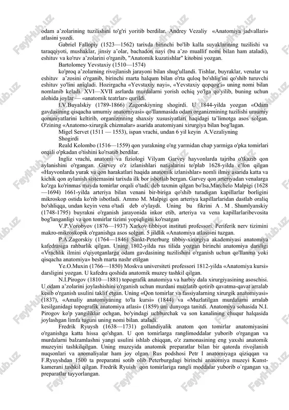etgan. o'rta asrlar (v—xi) da o'rta osiyodan ham bir qancha mashhur olimlar yetishib chiqdi shulardan biri har taraflama yetuk olim abu ali ibn sinodir (980-1037). yevropada avitsenna nomi bilan mashhur bo'lgan bu olim falsafa, matematika, astronomiya, kimyo, adabiyot, musiqashunoslik va tibbiyot bilimidan xabardor bo'lgan. u buxoro shahri yaqinidagi afshona qishlog'ida tug'ilgan. dastlabki bilimni buxoroda olgan va 17 yoshidayoq ko'p fanlarni mukammal egallagan. abu ali ibn sino xorazm va eronda saroy tabibi bo'lib xizmat qilgan. tibbiyot sohasidagi buyuk xizmatlari, kashfiyotlari uni butun dunyoga mashhur qilgan. ibnsino 450 dan ortiq asar yozganligi qayd etilgan, lekin uning 242 tasi bizgacha yetib kelgan. shulardan 43 tasi tabobatga oiddir. ibn sinoning tabobatga oid eng yirik shox asari «tib qonunlari» 1012— 1023-yillarda yozilgan. u o'zining buyuk va o'lmas asarida tibbiyot sohasidagi barcha ma’lumotlarni to'plab qolmasdan, o'zkuzatishlari, tekshirishlari va tushunchalari bilan asarni boyitgan. kitob besh jildlik bo'lib, birinchi jildi anatomiya va fiziologiyaga bag'ishlangan. kitob turli tillarda 40 …