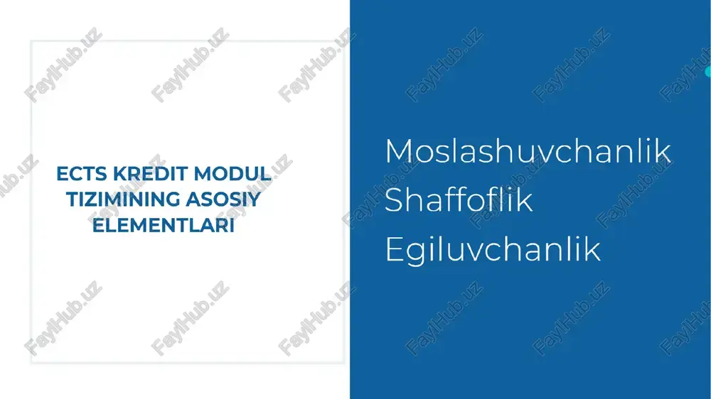 tizimi(%) koreya respublikasi baholash tizimi (%) 2019 yilga qadar o‘zbekiston otmlari baholash tizimi toshkent xalqaro universiteti a-f % «5» «5» «a» «a+» 70 - 100 80 - 100 90 - 100 86 - 100 a+ a 95-100 90-94 «a» «a-» 65 - 69 «4» «4» «b» «b+» 60 - 64 70 - 79 80 - 89 71 - 85 b+ b 80-89 70-79 «c» «b» 50 - 59 «b-» «3» «3» «d» «c+» 45 - 49 60 - 69 70 - 79 55 - 70 c+ c 65-69 60-64 «e» «c» 40 - 44 «c-» «d+» 60 - 69 «d» «d-» «2» «2» «f» «f» 0 - 39 0 - 59 0 - 59 0 - 54 f 0-59 o‘zlashti-rilmagan fanlarni qayta topshirish tartibi talaba 0-59 oralig‘ida o‘zlashtirish ko‘rsatkichiga ega bo‘lgan taqdirda tegishli fandan akademik qarzdor (feyl) hisoblanadi talaba bitta fandan auditoriyaga ajratilgan mashg‘ulotlarning 1/3 qismini sababsiz qoldirsa, o‘qiyotgan semestrida …
