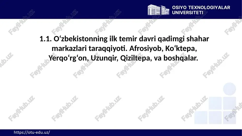 oid janubiy so‘g‘ddagi quyidagi inshootlar shakllarini belgilash mumkin: rejaviy tuzilishi to‘g‘ri burchakli va ikki qator devor bilan mustahkamlanib maydoni 3 gektar bo‘lgan alohida qal’a qo‘rg‘oni (sangirtepa); qishloq xo‘jalik vohasi aholisi uchun harbiy boshpana vazifasini bajaruvchi va maydoni 34-70 gektar bo‘lgan yirik qal’alar (yerqo‘rg‘on, uzunqir); paxsa-xom g‘ishtlari bo‘lmagan hamda maydoni 2 gektargacha bo‘lgan yarim yerto‘la va yerto‘lalardan iborat qal’alar (qo‘rg‘ontepa, somontepa, ko‘zatepa, to‘rtburchaktepa va boshq.); tabiiy-geografik qurilishlarga asoslanib, alohida turar-joylarga ega bo‘lgan manzilgohlar (daratepa, qorovultepa); qishloq uy-qo‘rg‘onlari (saroytepa, sho‘rob, choshtepa). 1.2. o‘zbekiston shaharlarining ahamoniylar davri taraqqiyoti strabonning ma’lumotlariga ko‘ra, aleksandr baqtriya va sug‘diyonada 8 ta shaharga, yustinning ma’lumotlariga qaraganda esa 12 ta shaharga asos solgan. ammo, bu ma’lumotlar arxeologik tadqiqotlar ma’lumotlari bilan tasdiqlanmagan va ko‘pgina ilmiy munozaralarga sabab bo‘lganki, bu alohida mavzu hisoblanadi. biz o‘rta osiyo hududlarida aleksandr makedonskiy uchta: oks aleksandriyasi, aleksandriya eskata (chekkadagi aleksandriya) va marg‘iyonadagi aleksandriya shaharlariga asos solganligi haqida ma’lum ma’lumotlarga egamiz. 1.2. o‘zbekiston shaharlarining ahamoniylar davri …