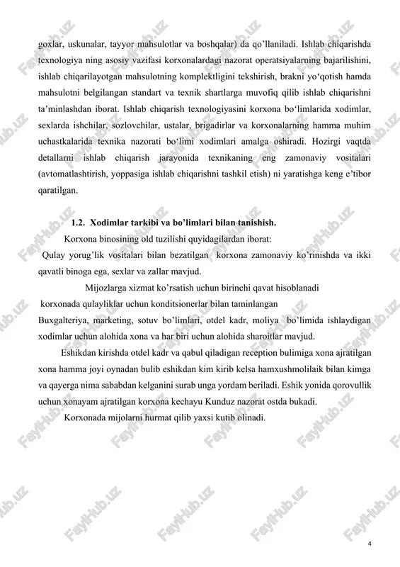 ilardan iborat: qulay yorug’lik vositalari bilan bezatilgan korxona zamonaviy ko’rinishda va ikki qavatli binoga ega, sexlar va zallar mavjud. mijozlarga xizmat ko’rsatish uchun birinchi qavat hisoblanadi korxonada qulayliklar uchun konditsionerlar bilan taminlangan buxgalteriya, marketing, sotuv bo’limlari, otdel kadr, moliya bo’limida ishlaydigan xodimlar uchun alohida xona va har biri uchun alohida sharoitlar mavjud. eshikdan kirishda otdel kadr va qabul qiladigan reception bulimiga xona ajratilgan xona hamma joyi oynadan bulib eshikdan kim kirib kelsa hamxushmolilaik bilan kimga va qayerga nima sababdan kelganini surab unga yordam beriladi. eshik yonida qorovullik uchun xonayam ajratilgan korxona kechayu kunduz nazorat ostda bukadi. korxonada mijolarni hurmat qilib yaxsi kutib olinadi. “vobkent maxsus qurilish mchj ” ishlab chikarish va kurilish faoliyati buyicha ma'lumotlar vobkent maxsus qurilish mchj direktor bosh muxandis direktor urinbosari bosh xisobchi ishlab chikarish bulimi (pto) mexnat muxofazasi va texnika xavfsizligi ulimi sifat nazorati bulimi gisht i/ch zavodi temir beton i/ch zavodi saralash va maydalash zavodi …