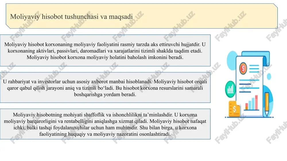 adorligini oshirishga yordam beradi. stress, hissiy bosim, kommunikativ to‘siqlar va ularni yengish usullari pul oqimi hisobi korxona mablag‘larining harakatini, ya’ni kelib tushgan va sarflangan mablag‘larni ko‘rsatadi. bu hisobot operatsion, investitsion va moliyaviy faoliyat natijasidagi mablag‘larni aks ettiradi. operatsion faoliyat daromadlar va xarajatlar bilan bog‘liq mablag‘larni ko‘rsatadi, investitsion faoliyat esa aktivlarni sotib olish yoki sotish bilan bog‘liq mablag‘larni. moliyaviy faoliyat esa qarz olish va dividend to‘lash kabi mablag‘larni o‘z ichiga oladi. cash flow hisobi korxona likvidligini aniqlash imkonini beradi va mablag‘larning oqimini rejalashtirishga yordam beradi. shu hisobot orqali korxona o‘z qarzlarini qaytarish va yangi investitsiyalarni amalga oshirishni rejalashtiradi. pul oqimi hisobi moliyaviy barqarorlikni tahlil qilishda muhim rol o‘ynaydi. o‘zgarishlar hisoboti (kapitalning o‘zgarishi) kapitalning o‘zgarishi hisoboti korxona egalarining kapitali va uning dinamikasini ko‘rsatadi. ushbu hisobot boshlang‘ich kapital, qo‘shimcha sarmoyalar va foyda taqsimotini aks ettiradi. u egalar uchun korxona moliyaviy holati va resurslar darajasini aniqlash imkonini beradi. hisobot qaror qabul qilish va strategik …