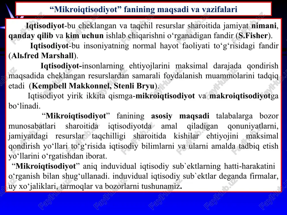 sini belgilab beradi. * iqtisodiyot va samaradorlik: to‘la bandlik va ishlab chiqarishning to‘liq hajmi. jamiyat o‘zining cheklangan resurslaridan samarali foydalanish evaziga maksimal darajada ko‘proq foydali tovarlar va xizmatlar ishlab chiqarishga intiladi. bunga erishish uchun to‘la bandlik va to‘liq ishlab chiqarish hajmiga erishish lozim bo‘ladi. to‘la bandlik deganda ishlab chiqarishga yaroqli barcha resurslardan foydalanish imkoniyatiga aytiladi. iqtisodiyot mehnat qilish yoshidagi ishga yaroqli barcha ishchilarni ish bilan ta`minlashi zarur. haydaladigan erlar, fabrika va zavodlar, asbob-uskunalar bekor turib qolmasligi, barcha asosiy va aylanma kapital ishlab chiqarishga jalb qilinishi maqsadga muvofiq. ishlab chiqarishning to‘liq hajmi deganda resurslarni optimal taqsimlash va ulardan samarali foydalanish evaziga maksimal darajada mahsulot ishlab chiqarish tushuniladi. ishlab chiqarishga sarflangan har bir resurs birligi jamiyat uchun maksimal qaytimni ta`minlashi zarur. g‘alla etishtirishga qulay erlar chorvachilik uchun ishlatilmasligi, unumdorligi yuqori erlar esa sanoat maqsadlari yoki shaxsiy uy-joy qurish uchun ishlatilmasligi maqsadga muvofiq. * iqtisodiyotning uchta asosiy vazifasi o‘zaro aloqadorlik uy xo‘jaliklari firmalar …