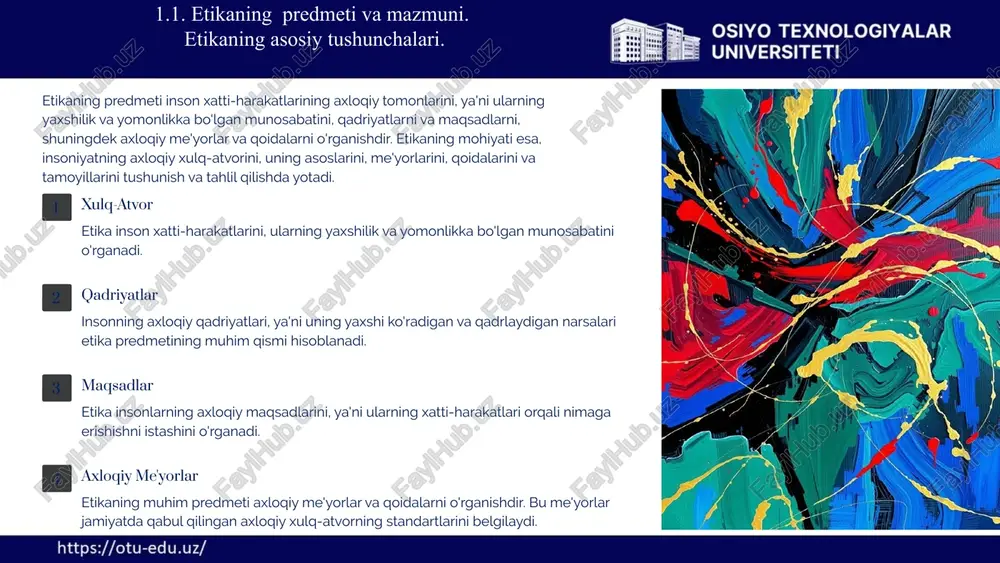 , o'g'rilikdan va jinsiy ehtirosdan tiyilishni o'rgatishni belgilaydi. 1.1. etikaning predmeti va mazmuni. etikaning asosiy tushunchalari. 10 1.1. etikaning meyorlari etikaning me'yorlari axloqiy xulq-atvorning standartlarini belgilaydi. bu me'yorlar jamiyatda qabul qilingan axloqiy qoidalar va qadriyatlar asosida shakllanadi. jamiyatning qoidaları jamiyatda qabul qilingan qoidalar va me'yorlar axloqiy me'yorlarning shakllanishiga ta'sir qiladi. madaniy qadriyatlar madaniyatning qadriyatlari insonlarning xatti-harakatlariga, qadriyatlariga va maqsadlariga ta'sir qiladi. madaniy qadriyatlar axloqiy me'yorlarning shakllanishiga ta'sir qiladi. shaxsiy vijdon insonning o'ziga xos vijdoni axloqiy xulq-atvoriga ta'sir qiladi. vijdon insonning ichki ovozidir, u axloqiy jihatdan to'g'ri yoki noto'g'ri ish qilinayotganligini his qiladi. 11 gedonizm asosiy g‘oyasi: hayotning asosiy maqsadi zavq olish, lazzatlanish. axloqiy tarbiyaga ta’siri: gedonizm tarbiya jarayonida individlarning o‘z shaxsiy baxti va zavqini ta’minlashga intilishlarini rag‘batlantirishi mumkin. ammo bu yondashuv ba’zan o‘zga odamlarning manfaatlarini e’tiborga olmaslikka olib kelishi mumkin. amaliy misol: farzandlarga individual baxt muhimligini o‘rgatish mumkin, lekin bu o‘zgalarning huquqlariga hurmat bilan munosabatda bo‘lish kerakligi bilan birga bog‘lanishi …