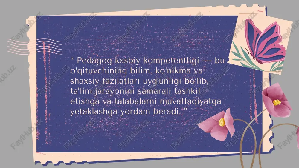 xs sifatidagi kuchli tomonlarini va ijtimoiy faolligini aks ettiradi. shaxsiy va ijtimoiy kompetensiyalar shaxsiy kompetensiyalar quyidagilarni o‘z ichiga oladi: mas’uliyatlilik – o‘z vazifalarini puxta va vijdonan bajarish; o‘z-o‘zini rivojlantirish – doimiy o‘rganish, yangiliklarga ochiqlik; stressga chidamlilik va muammoli vaziyatlarda muvozanatni saqlay olish; kasbga sadoqat va professional etika. ijtimoiy kompetensiyalar quyidagilarni o‘z ichiga oladi: jamoada ishlay olish – hamkasblar bilan samarali hamkorlik qilish; muloqotda ochiqlik va tolerantlik – boshqacha fikr va dunyoqarashlarni hurmat qilish; ijtimoiy faollik – jamiyatdagi ijtimoiy loyihalarda, tarbiyaviy ishlarda faol ishtirok etish; liderlik va tashabbuskorlik – dars va tashkiliy jarayonlarda yetakchilik ko‘rsatish. pedagog kasbiy kompetentligining tuzilishi pedagog kasbiy kompetentligining tuzilishi — bu o‘qituvchining samarali faoliyat yuritishi uchun zarur bo‘lgan asosiy tarkibiy qismlarning yig‘indisidir. har bir komponent (qism) pedagogning kasbiy mahoratini shakllantiradi va uni amaliyotda to‘liq namoyon etish imkonini beradi. pedagog kasbiy kompetentligining asosiy tuzilma qismlari: bilim komponenti amaliy komponenti shaxsiy komponenti kommunikativ va ijtimoiy e’tiboringiz uchun rahmat! image1.png …
