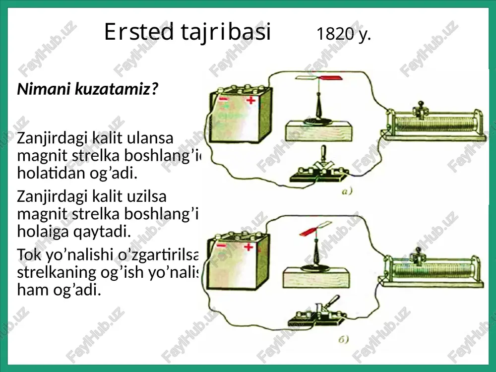 it maydoni mavjudmi ? b) qaysi nuqtada magnit maydoni kuchliroq? kuchsizroq? s) c nuqtada magnit strelka qanday joylashishini chizing d) g’altakdagi tok yo’nalishini aniqlang. savollarga javob bering •a •v •s •d 2-mashq agar o’tkazgichdan tok o’tkazilsa, uning yaqinidagi magnit strelka qayoqqa buriladi? ikki holatda ko’rib chiqing: a) o’tkazgich strelka tagida b) o’tkazgich strelka ustida 3-mashq magnit kuch chiziqlari ko’rsatilgan yo’nalishda bo’lsa, o’tkazgichdagi tok yo’nalishi qanday? a) b) 4-mashq tokli g’altakdagi magnit kuch chiziqlari yo’nalishi tasvirlangan. g’altakdagi tok yo’nalishini aniqlang. 5-mashq o’tkazgichdagi tok yo’nalishini aniqlang. 6-mashq o’tkazgich o’tkazgichdagi tok yo’nalishini aniqlang. dars uchun rahmat! image1.png image2.png image3.png image4.png image5.png image6.png image7.png image8.png image9.png image10.png image11.png image12.png image13.png image14.png image15.png image16.png image17.png image18.png image19.png image20.png image21.png image22.png image23.png image24.png image25.png image33.png image26.png image27.png image28.png image29.png image30.png image31.png image32.png image34.png image35.png image36.png image37.png image38.png image39.png image40.png image41.png image42.png image43.png image44.png image45.png image46.png image47.png image48.png image49.png image50.png image51.png image52.png image53.png image54.png image55.png image63.png image64.png …