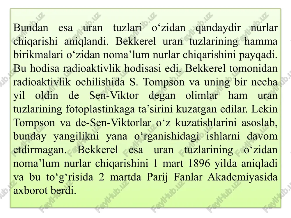. adabiyotlarda keltirilgan rezerford va soddilarning ishlarida (1902 yil o‘rtalarida) radioaktiv yemirilish nazariyasining asoslari yoritilgan. bu ishlar m. kyurining radioaktiv yemirilish kimyoviy elementlar aylanishidir, degan gipotezasining isboti edi. 1902 yilda fransiya va kanadada olimlar radioaktiv moddalarning yemirilishda uzluksiz ravishda energiya nurlashi element atomlarining o‘zlarining ichidagi aylanishlar tufayli ekanligini aniqladilar. e’tiboringiz uchun rahmat image1.jpeg image2.jpeg image3.jpeg image4.png image5.jpeg image6.jpeg /docprops/thumbnail.jpeg