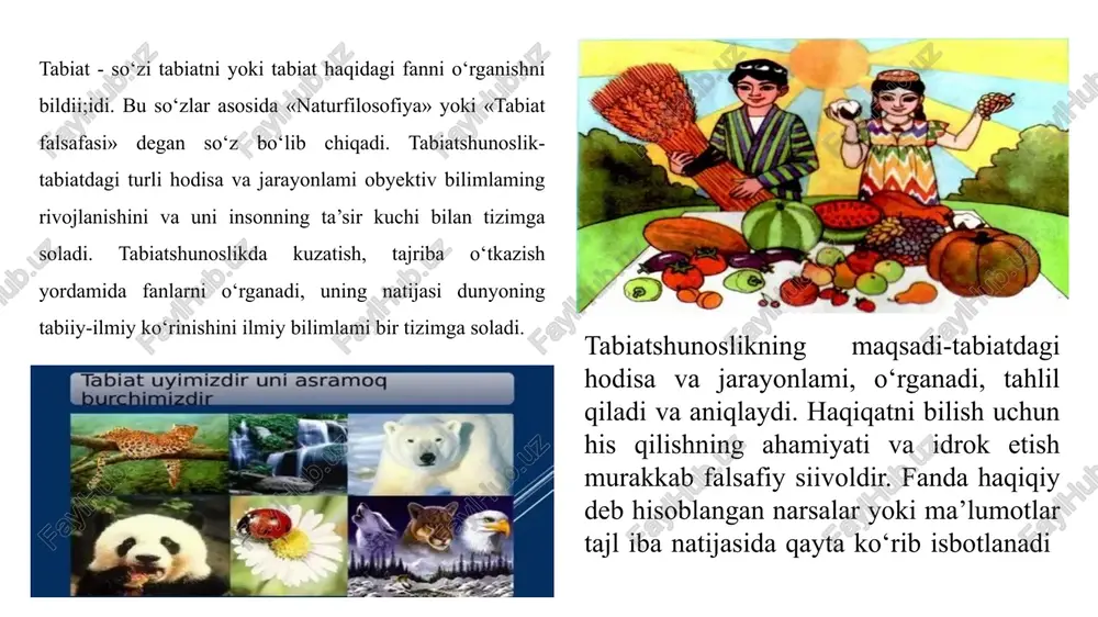 iga bag'ishlangan asarlari, ularning dunyoqarashlari bilan tanishtirish, shuningdek, tabiatga oid aforizm, ruboiy va she'rlardan tabiatshunoslik darslarida foydalanishga o'rgatish boshlang'ich ta'limda tabiatshunoslik darslarini o'tishda ekologik va tabiatni muhofaza qilish jihatlarini ko'ra bilishga o'rgatish suv havo tuproq olov (quyosh) markaziy osiyo, jumladan o'zbekistonda bu muammoning echimiga intilish uzoq tarixga ega. zero, “tsivilizatsiya belgilarini asrab-avaylash qanchalik zarur bo'lsa..., er va suvni asrab-avaylash ham shunchalik muhimdir tabiatdagi narsalar ikki qismdan: jonsiz va jonli tabiatdan iboratdir 01 02 jonsiz tabiatga er, quyosh, yulduzlar, suv, havo, toshlar, tuproq kiradi jonli tabiatga o'simliklar, hayvonlar, mikroorganizmlar, odamlar kiradi jonsiz tabiat deyilishiga sabab ular oziqlanmaydi, o'smaydi, ko'paymaydi, rivojlanmaydi. masalan, toshni olsak, unga suv ham, havo ham kerak emas jonli tabiatga kiruvchilar esa oziqlanadilar, nafas oladilar, o'sadilar va ko'payadilar. jonli tabiat vakillari o'simlik, havo, suv, yoruhlik, issiqlik va ozuqa bo'lmasa yashay olmaydi jonli tabiatdagi barcha mavjudotlardan eng qudratlisi insondir. inson fikrlaydi, mehnat qiladi, turli kashfiyotlar ixtiro qiladi. tabiat insonni ma'naviy …