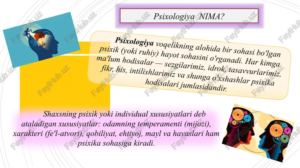 anuvchi psixologiya sohalari rivojlanishning yosh xususiyatlarini oʼrganuvchi psixologiya sohalari shaxs va jamiyatga boʼlgan munosabatni oʼrganuvchi psixologiya sohalari aniq faoliyat turiga koʼra psixologiyaning quyidagi turlari mavjud: mehnat psixologiyasi - inson mehnat faoliyatining psixologik xususiyatlarini, mehnatni ilmiy asosda tashkil qilishning psixologik tamoyillarini oʼrganadi muhandislik psixologiyasi - inson bilan mashina oʼrtasidagi vazifalarni taqsimlash masalalalarini hal qiladi va asosan operatorlarning faoliyatini oʼrganadi; aviatsiya psixologiyasi - uchishga oʼrganish jarayoni va uchish moslamalarini boshqarishda inson faoliyatining psixologik qonuniyatlarini oʼrganadi; kosmik psixologiya - vaznsizlik holati, fazoviy tasavvurlar chalkashib ketgan vaqtda va organizmga juda koʼp ortiqcha taʼsirlar yuklangan paytda asab va ruhiy zoʼr berish bilan bogʼliq boʼlgan alohida holatlar tugʼilganda odam faoliyatining xususiyatlarini oʼrganadi. harbiy psixologiya kishining harbiy harakatlar sharoitidagi xulq-atvori bilan bogʼliq hodisalar oʼrtasidagi oʼzaro munosabatlarini, psixologik targʼibot metodlarini, harbiy texnikani boshqarishning psixologik muammolarini oʼrganadi sport psixologiyasi sportchilar shaxsi va faoliyati xususiyatlarini, ularning psixologik jihatdan tayyorligining shart-sharoitlari, musobaqalarni tashkil etish va oʼtkazish bilan bogʼliq psixologik omillarni oʼrganadi …
