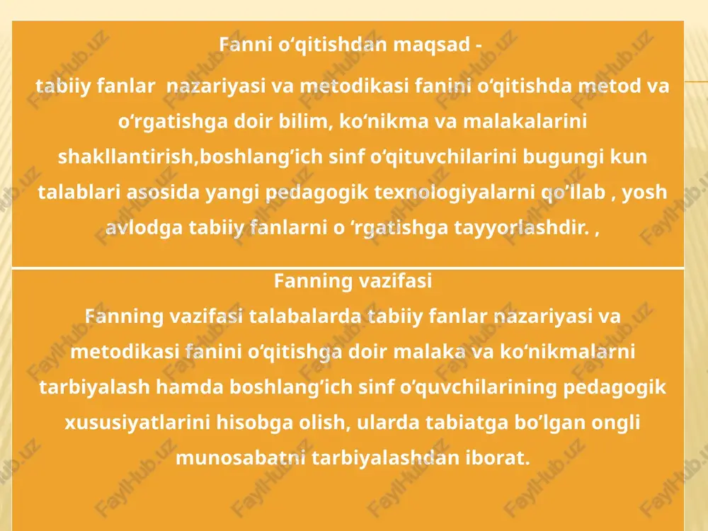 ‘liqligi ochib berilgan jonli va jonsiz tabiat to‘g‘risida aniq bilimlar berish; — odam organizmi va uning salomatligini saqlash to ‘g‘risida ma’lumotlar berish; — ularni tabiatda kuzatishlar o'tkazish uquvi va ko‘nikmalari bilan qurollantirish; — tabiatdan oqilona foydalanish va uning boyliklarini ko‘paytirishga qaratilgan insonning m ehnat faoliyati bilan ta ­ nishtirish; — jonajon tabiatga muhabbat, uni muhofaza qilishga intilishni tarbiyalash kerak. foydalanish uchun adabiyotlar: m.nuritdinova. tabiiy fanlaro‘qitish metodikasi. t.:o‘qituvchi 2005 y. a.baxramov. tabiiy fanlar4 sinf umumiy o‘rta ta’lim maktblari uchun darslik. t: sharq nmiu 2013 a.baxramov. tabiiy fanlar3 sinf umumiy o‘rta ta’lim maktblari uchun darslik. t: cho‘lpon nmiu 2012 u.alimuxamedova. tabiiy fanlar 1-sinf uchun. 2021 p.g‘ulomov, sh.mirzaaxmatova. atrofimizdagi olam 2 sinf uchun darslik. t: cho‘lpon nmiu 2012 d. sharipova, d. xodiyeva, m. shirinov “tabiiy fanlarva uni o‘qitish metodikasi” darslik.2018 yil e’tiboringiz uchun rahmat image3.png image4.png image5.png image6.png image7.wmf image8.jpeg image9.jpeg /docprops/thumbnail.jpeg