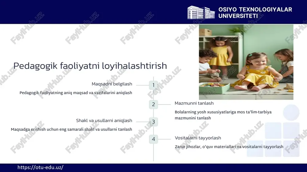 bilan samarali muloqot qilish ko'nikmalarini shakllantirish bolalar nutqini rivojlantirish 16 bolalar ijtimoiylashuvini qo'llab-quvvatlash 1 guruh faoliyati bolalarni guruh bo'lib ishlashga va hamkorlik qilishga o'rgatish 2 muloqot ko'nikmalari bolalarga boshqalar bilan muloqot qilish va do'stlashish ko'nikmalarini o'rgatish 3 empatiya bolalarda boshqalarning his-tuyg'ularini tushunish va hamdardlik qilish qobiliyatini rivojlantirish 4 qoidalarga rioya qilish ijtimoiy qoidalar va me'yorlarga rioya qilishni o'rgatish 17 bolalar bilish jarayonlarini rivojlantirish diqqat bolalarning diqqatini jamlash va uzoq vaqt ushlab turish qobiliyatini rivojlantirish xotira bolalarning eslab qolish va esga tushirish qobiliyatlarini takomillashtirish tafakkur bolalarda mantiqiy va ijodiy fikrlash qobiliyatlarini shakllantirish tasavvur bolalarning tasavvur qilish va ijodiy g'oyalar yaratish qobiliyatini rivojlantirish 18 bolalar mustaqilligini rivojlantirish o'z-o'ziga xizmat bolalarni kiyinish, ovqatlanish va shaxsiy gigiyenaga rioya qilishga o'rgatish qaror qabul qilish bolalarga oddiy tanlovlar qilish va qarorlar qabul qilish imkoniyatini berish vazifalarni bajarish bolalarga kichik vazifalarni mustaqil bajarishni o'rgatish muammolarni hal qilish bolalarni oddiy muammolarni mustaqil hal qilishga rag'batlantirish 19 bolalar qobiliyatlarini …