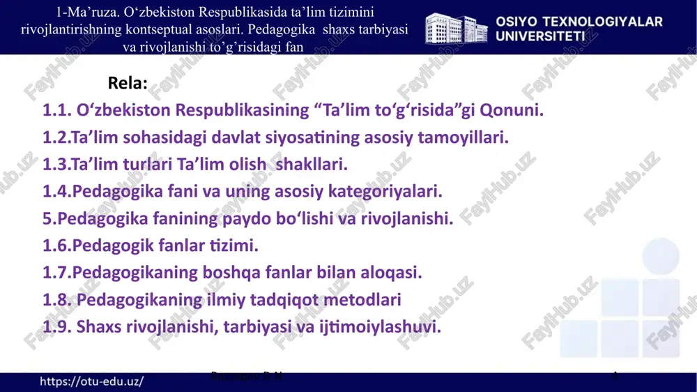 nuniyatlari, tamoyillari, o‘qituvchi va o‘quvchi faoliyati, ta’limning maqsadi, mazmuni, shakl, metod, vositalari, natijasi, ta’lim jarayonini takomillashtirish yo’llari kabi masalalarni tadqiq etadi yagona pedagogik jarayon pedagogikaning ob’ekti ta’lim tarbiya jarayoni, mazmuni, qonuniyatlari, tamoillari, shakl, metod va vositalari. pedagogikaning predmeti tarbiya nazariyasi pedagogikaning muhim tarkibiy qismlaridan biri bo‘lib, tarbiya jarayonining mazmuni, tarbiya turlari, shakl, metod, vosita va usullari, uni tashkil etish masalalarini o‘rganadi. ijtimoiy tarbiya turlari fuqarolik aqliy axloqiy jismoniy mehnat estetik huquqiy iqtisodiy ekologik pedagogika fanining vazifalari. pedagogikaning vazifalari analitik prognostik tashkiliy metodologik analitik ta’lim va tarbiya jarayoni mazmuni, mohiyati, sabab-oqibat aloqadorligini o’rganish; pedagogik tajribani tahlil etish, umumlashtirish va baholash; pragnostik ilmiy asoslangan maqsadlarni belgilash va ta’lim-tarbiya tizimini rivojlantirish strategiyalarini belgilash; ta’lim siyosatini samarali boshqarishni ta’minlash tashkiliy yangi pedagogik texnologiya, innovatsion shakl va vositalarni ishlab chiqish; pedagogik tadqiqotlar natijalarini amaliyotga tadbiq etish; metodologik pedagogik fanlarning umumnazariy asoslarini aniqlashtirish; ta’lim jarayonini boshqarishning ilmiy metodik ta’minotini yaratish; 1.4.pedagogika fanining asosiy kategoriyalari shaxs psixologik …
