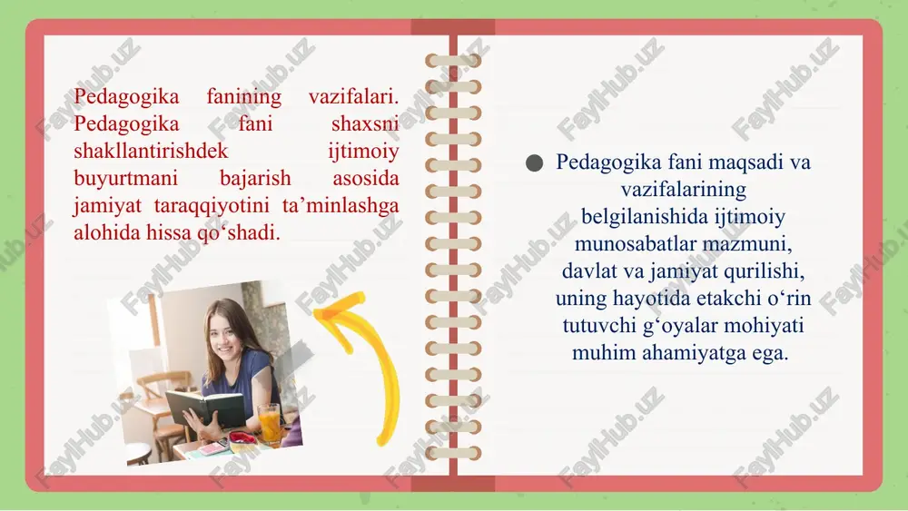 boshlang‘ch asoslarni beradi. 7. gigiyena – o‘quvchilarning salomatligini muhofazalash, ularning jinsiy jihatdan to‘g‘ri shakllantirishda nazariy va amaliy g‘oyalari bilan yordam beradi. pedagogika ilmiy-tadqiqot metodlari. pedagogika fani rivoji muayyan pedagogik muammolarni tadqiq etish maqsadida olib borilgan tadqiqot ishlarining g‘oyasi, mazmuni hamda natijalari hisobiga ta’minlanadi. ijtimoiy va ishlab chiharish jarayonining keskin rivojlanishi shaxsni har tomonlama kamol toptirish imkonini beruvchi omil hamda pedagogik shart-sharoitlarni aniqlash, jamiyat va shaxs ma’naviyatiga ziyon etkazuvchi holatlarni bartaraf etishni taqozo qiladi. tarbiya jarayonlarining mohiyatini anglash ularni keng yoki tor doirada o‘rganish, mavjud ko‘rsatkichlar vositasida ularning sodir bo‘lish sabablarini o‘rganish, zarur chora-tadbirlarni belgilash ilmiy izlanishlarni tashkil etish zaruriyatini yuzaga keltiradi. zamonaviy sharoitda, pedagogik yo‘nalishda, tadqiqotlarni olib borishda quyidagi metodlardan foydalanilmoqda: 1.pedagogik kuzatish metodi. 2.suhbat metodi. 3.anketa metodi. 4.intervyu metodi. 5.ta’lim muassasasi hujjatlarini tahlil qilish metodi. 6.test metodi. 7.pedagogik tahlil metodi. 8.bolalar ijodini o‘rganish metodi. 9.pedagogik tajriba metodi. 10.matematik-statistik metod. pedagogika fanining asosiy kategoriyalari. bizga yaxshi ma’lumki, har bir fan …