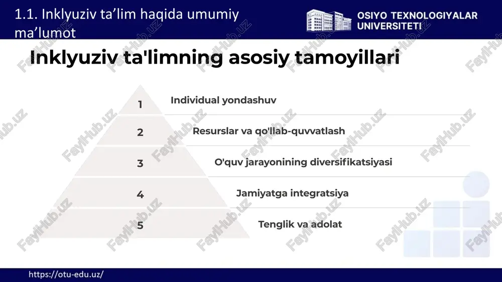 sinflar maxsus ehtiyojli bolalar uchun qulay sinf xonalari yaratish. panduslar nogironlar aravachasida harakatlanuvchilar uchun panduslar qurish. 1.4.inklyuziv ta’limni rivojlantirishning shartlari 19 inklyuziv ta'limni qo'llab-quvvatlashning 7 ustuni 1 teng imkoniyatlar barcha bolalar uchun teng ta'lim imkoniyatlari. 2 shaxsiylashtirilgan yondashuv har bir bolaga individual yondashuv. 3 maxsus resurslar zarur yordamchi resurslar va materiallar. 4 o'qituvchilarni tayyorlash malakali va tayyorlangan o'qituvchilar. 1.4.inklyuziv ta’limni rivojlantirishning shartlari 20 inklyuziv ta'limni qo'llab-quvvatlashning 7 ustuni (davomi) 5 barcha o'quvchilarni qo'llab-quvvatlash har bir o'quvchining ehtiyojlarini qondirish. 6 infrastruktura va muhit moslashtirilgan ta'lim muhiti va sharoitlar. 7 jamiyat bilan hamkorlik keng jamiyat qo'llab-quvvatlashi va hamkorligi. 1.5.inklyuziv ta’limni qo‘llab-quvvatlashning 7 ustuni 21 inklyuziv ta'limni pedagogik amaliyotga joriy etishning dolzarbligi tenglik va adolat jamiyatda tenglikni ta'minlashga xizmat qiladi. individual ehtiyojlarni qondirish har bir bola o'z imkoniyatlariga mos ta'lim oladi. jamiyatni diversifikatsiya qilish xilma-xillikka hurmat va hamjihatlikni rivojlantiradi. pedagogik innovatsiyalar yangi o'qitish usullarini joriy etishga yordam beradi. 1.6. inklyuziv ta’limni pedagogic amaliyotga …