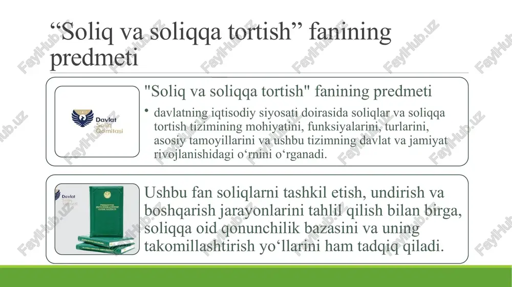 iyatlarni cheklash mumkin. soliqlarning progressivligi orqali yuqori daromadga ega bo‘lgan qatlamlardan ko‘proq soliq undiriladi, bu esa jamiyatda ijtimoiy adolatni ta’minlashga xizmat qiladi. soliq tizimi korxonalar va fuqarolarning iqtisodiy faoliyatini qonuniy yo‘nalishda olib borishini nazorat qilish vositasi sifatida ishlaydi. soliq tizimi soliq organlari tomonidan nazorat qilinadi, bu esa soliq qonunchiligiga rioya qilishni ta’minlaydi va davlatga tushumlarni kafolatlaydi. soliq elementlarining tarkibi soliq elemenlari tarkibi soliq obyekti soliq agenti soliq to’lash muddatlari soliqqa tortish birligi soliq stavkasi soliq sub`ekti soliq imtiyozlari soliq bazasi soliq yuki. soliq elementlari soliq sub’ekti - bu soliqqa oid munosabatlarning tashkil etuvchi tomonlarning o‘zaro majmuasi bo‘lib, unda bir tomondan soliq to‘lovchilar (yuridik va jismoniy shaxslar) boshqa tomondan soliqni undirish vakolati yuklangan soliq xizmati organlari - davlat soliq qo‘mitasi, soliq boshqarmalari, tuman va shahar davlat soliq inspektsiyalari qatnashadi soliq agenti - yuridik va jismoniy shaxslardan soliqni ushlab qolish va davlat byudjetiga o‘tkazib beruvchi yuridik shaxslar. bunda yuridik shaxslar, ular o‘z …
